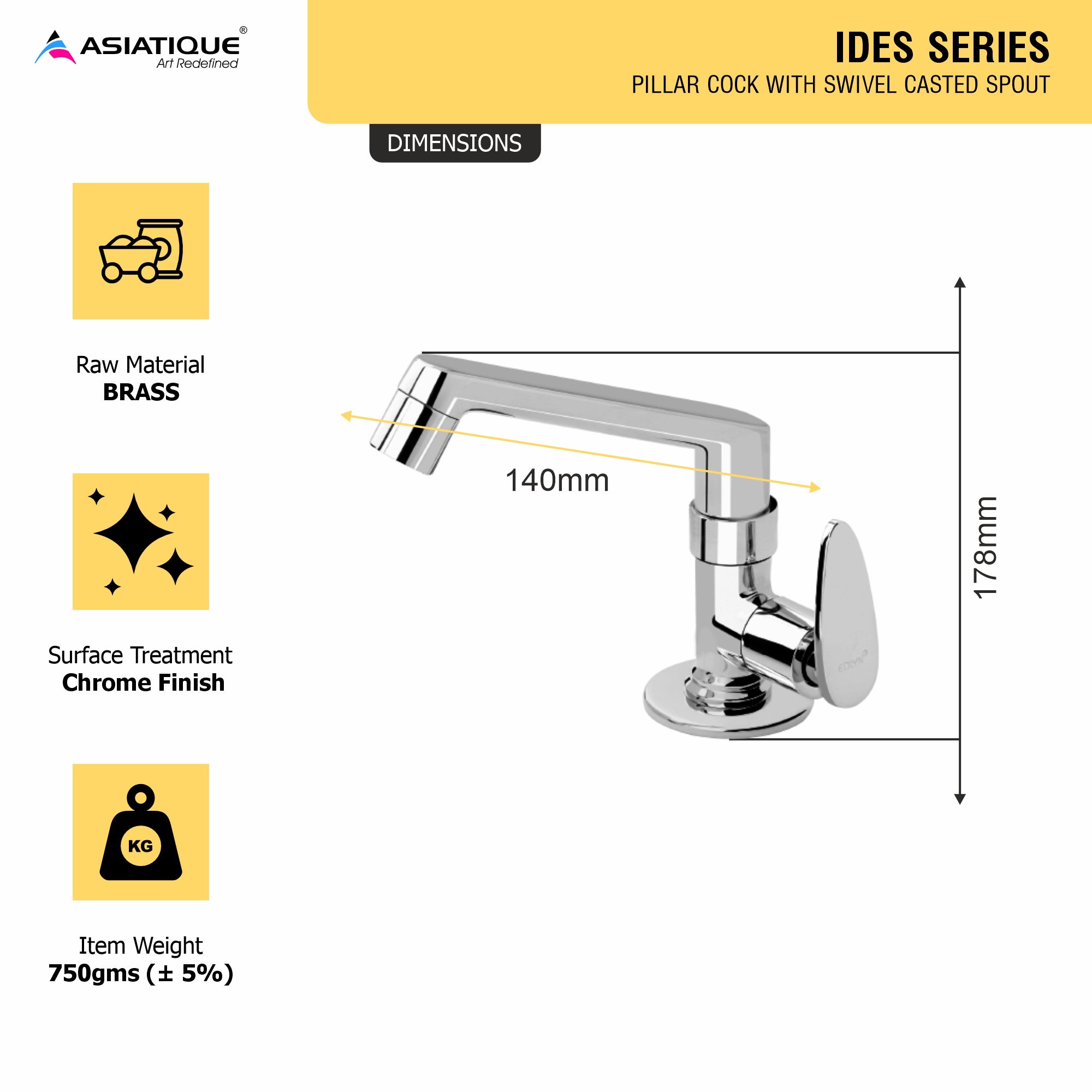 Asiatique Pillar Cock With Swivel Casted Spout (I-001), Idea Series Premium CP Bath Fittings & Faucets