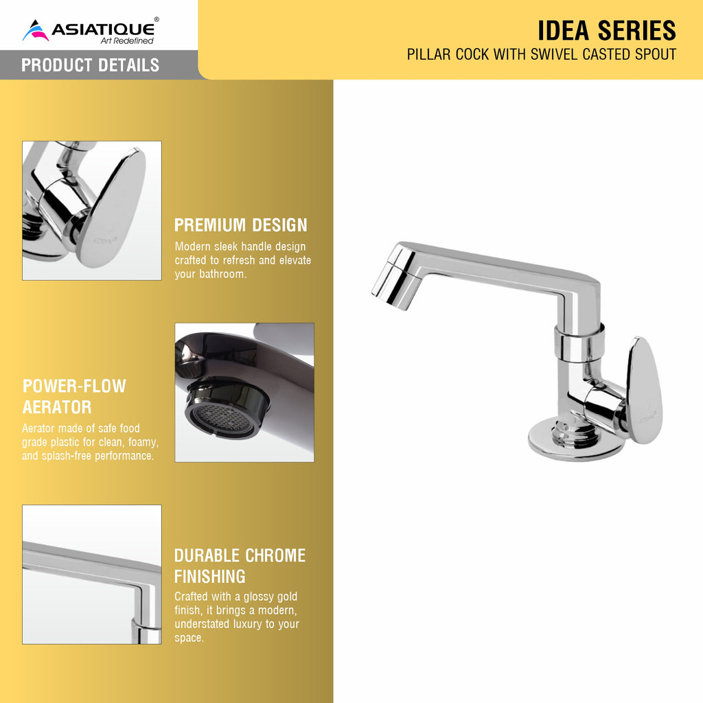 Asiatique Pillar Cock With Swivel Casted Spout (I-001), Idea Series Premium CP Bath Fittings & Faucets