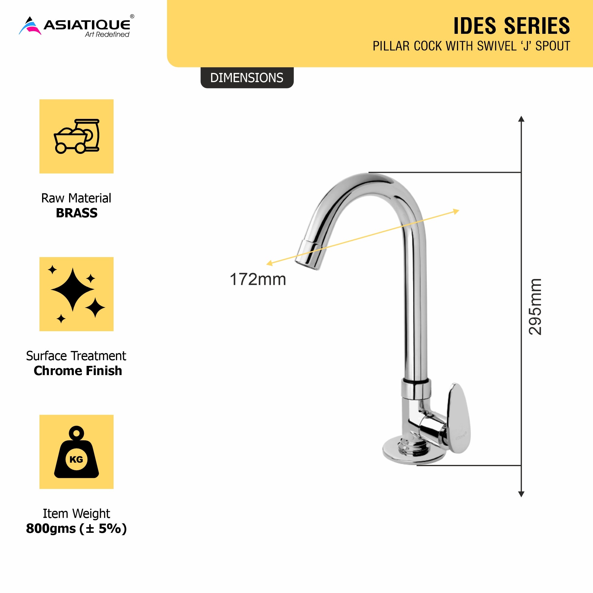 Asiatique Pillar Cock With Swivel ‘J’ Spout (I-002), Idea Series Premium CP Bath Fittings & Faucets