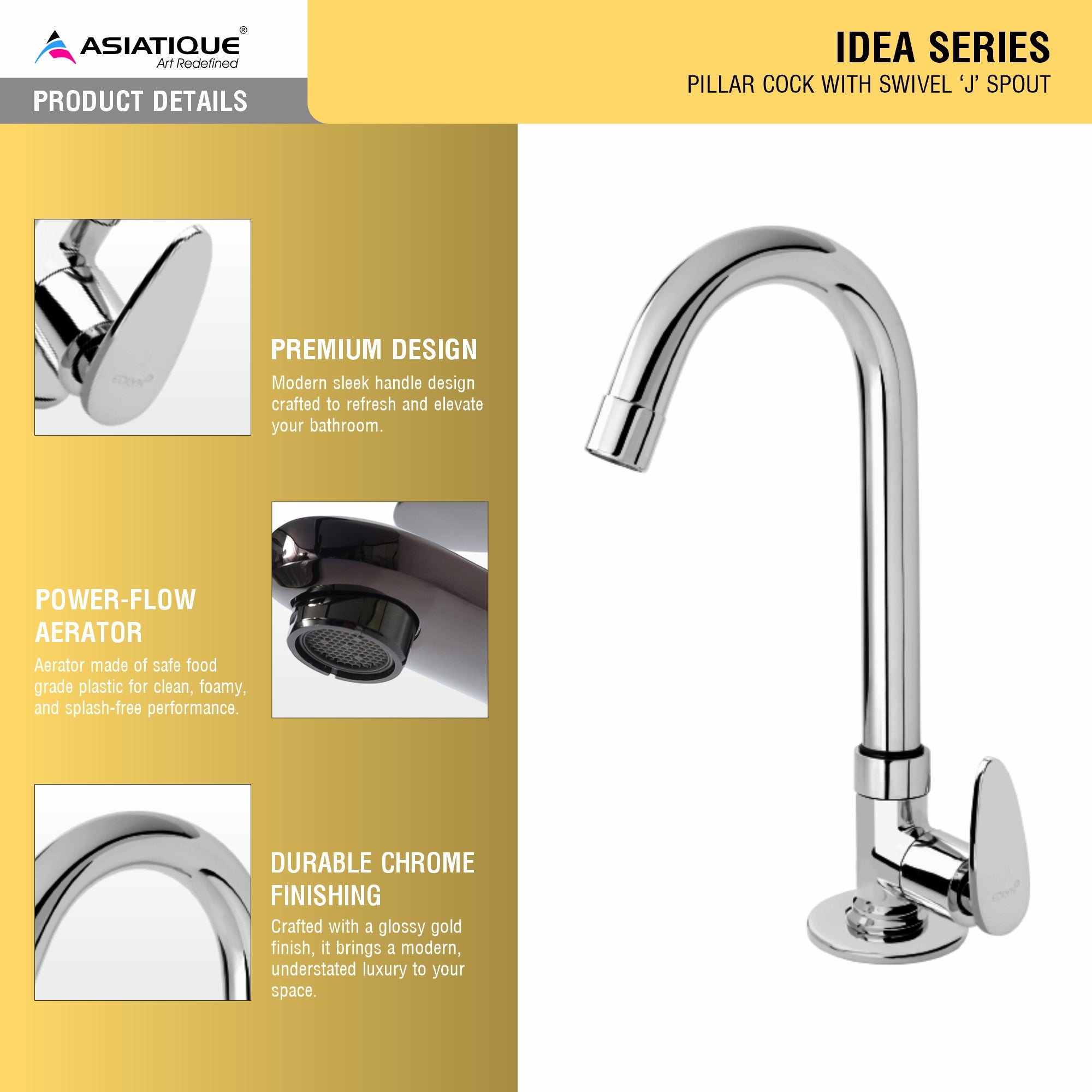Asiatique Pillar Cock With Swivel ‘J’ Spout (I-002), Idea Series Premium CP Bath Fittings & Faucets