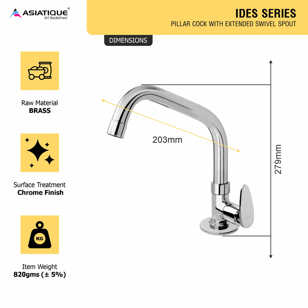 Asiatique Pillar Cock With Extended Swivel Spout (I-002EX), Idea Series Premium CP Bath Fittings & Faucets