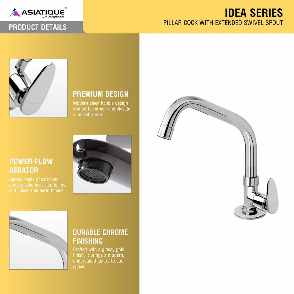 Asiatique Pillar Cock With Extended Swivel Spout (I-002EX), Idea Series Premium CP Bath Fittings & Faucets