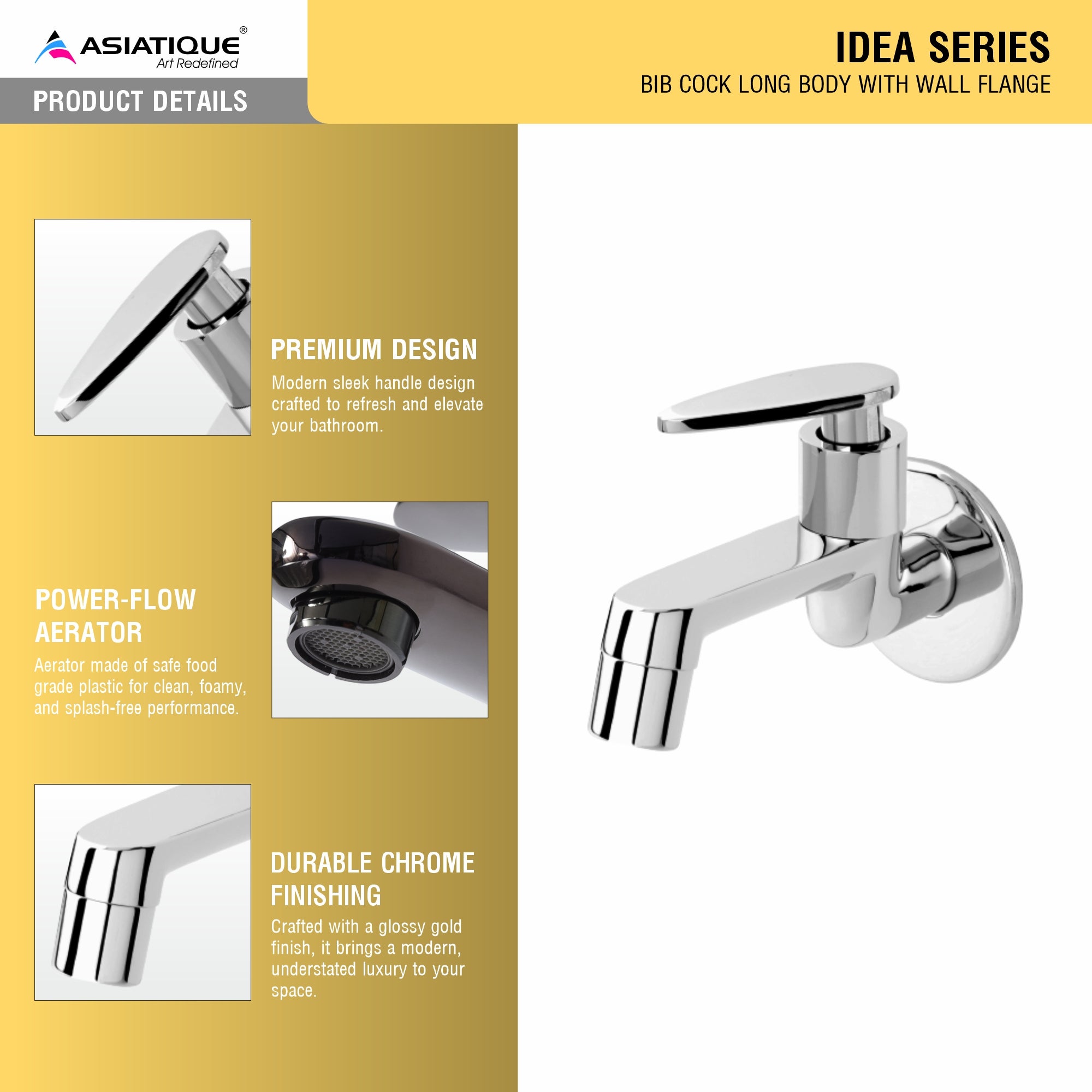 Asiatique Bib Cock Long Body With Wall Flange (I-004), Idea Series Premium CP Bath Fittings & Faucets