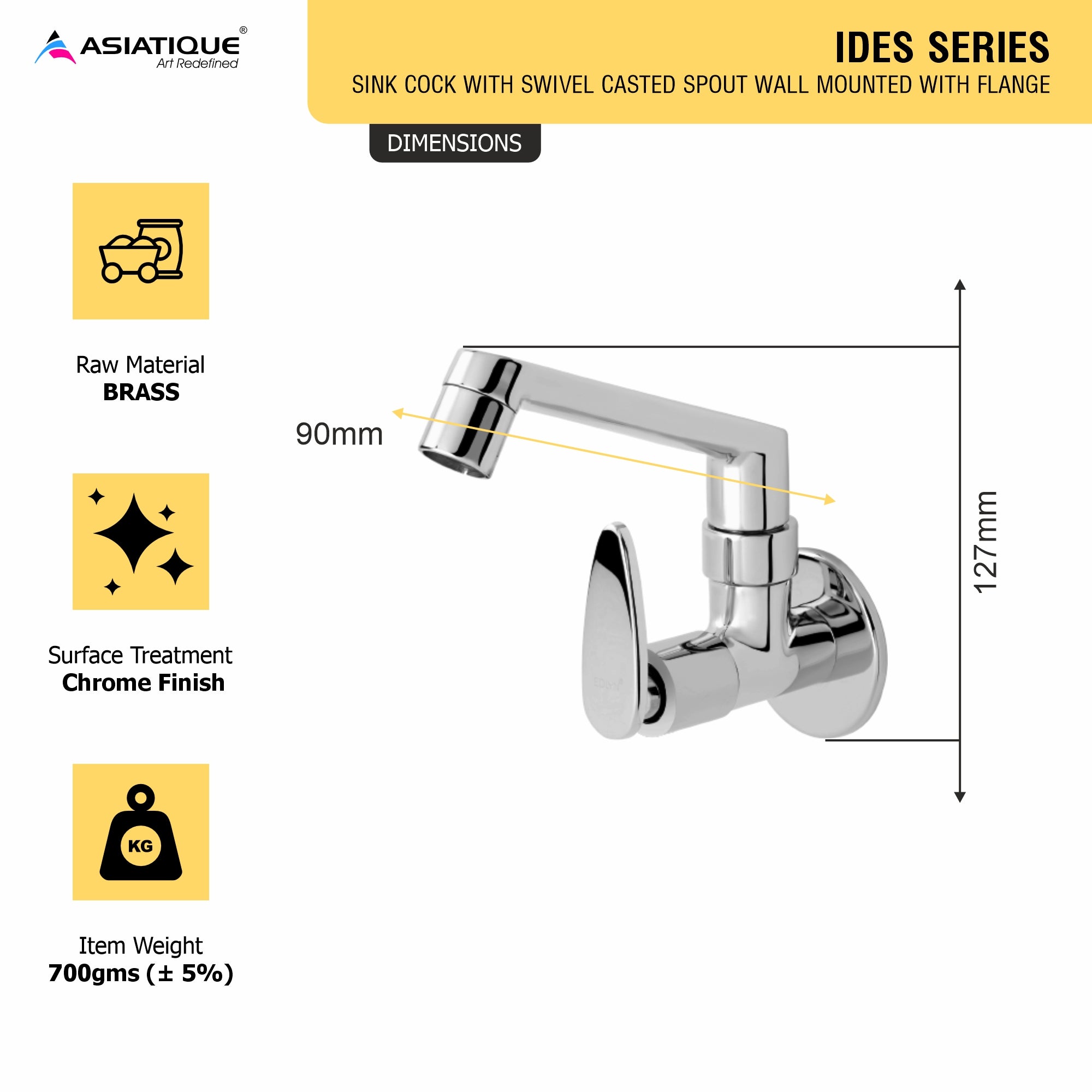 Asiatique Sink Cock With Swivel Casted Spout Wall Mounted With Flange (I-007), Idea Series Premium CP Bath Fittings & Faucets