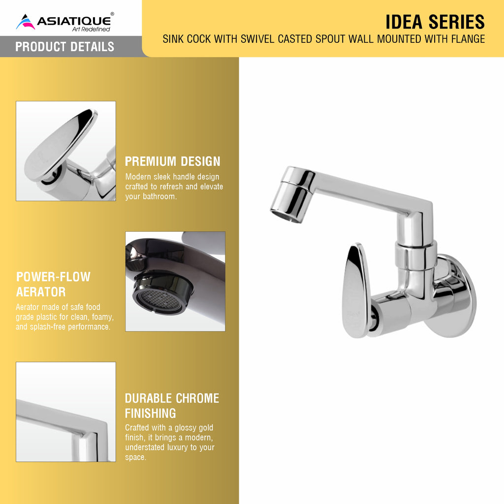 Asiatique Sink Cock With Swivel Casted Spout Wall Mounted With Flange (I-007), Idea Series Premium CP Bath Fittings & Faucets