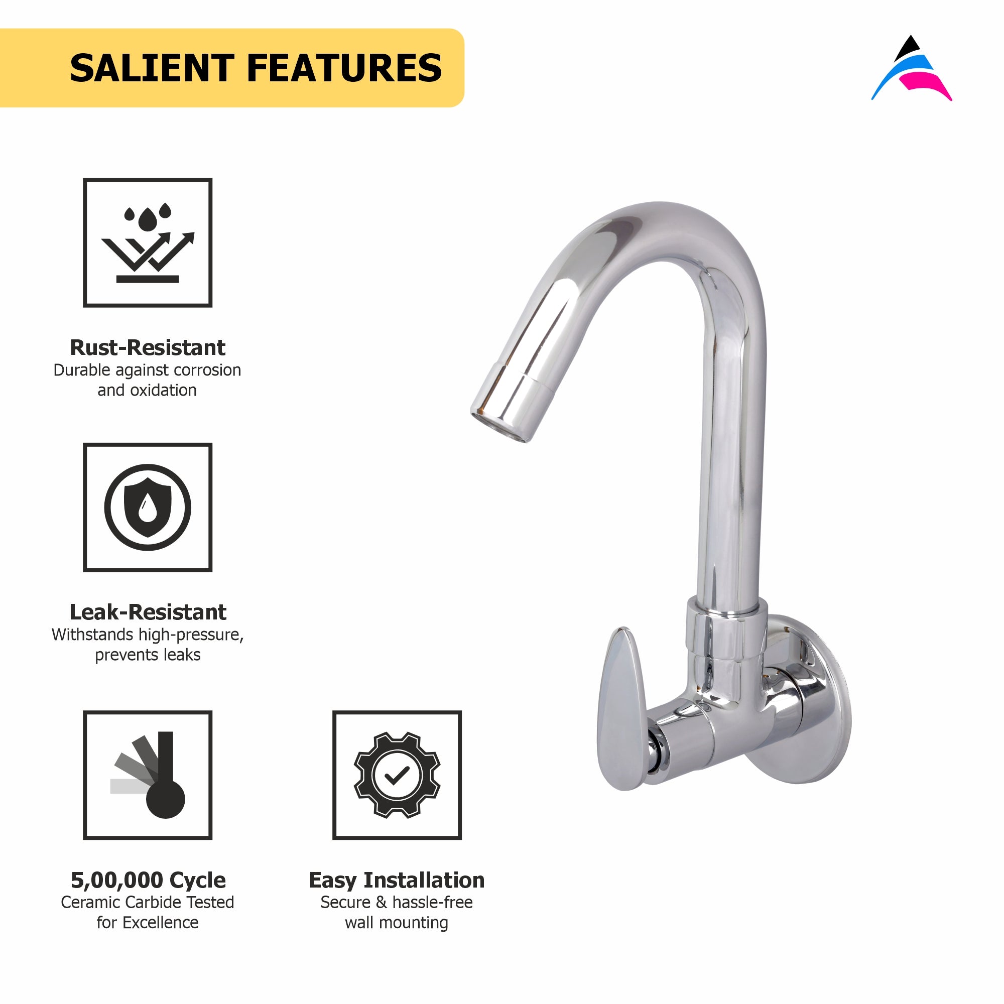 Asiatique Sink Cock With Swivel ‘J’ Spout Wall Mounted With Flange (I-008), Idea Series Premium CP Bath Fittings & Faucets