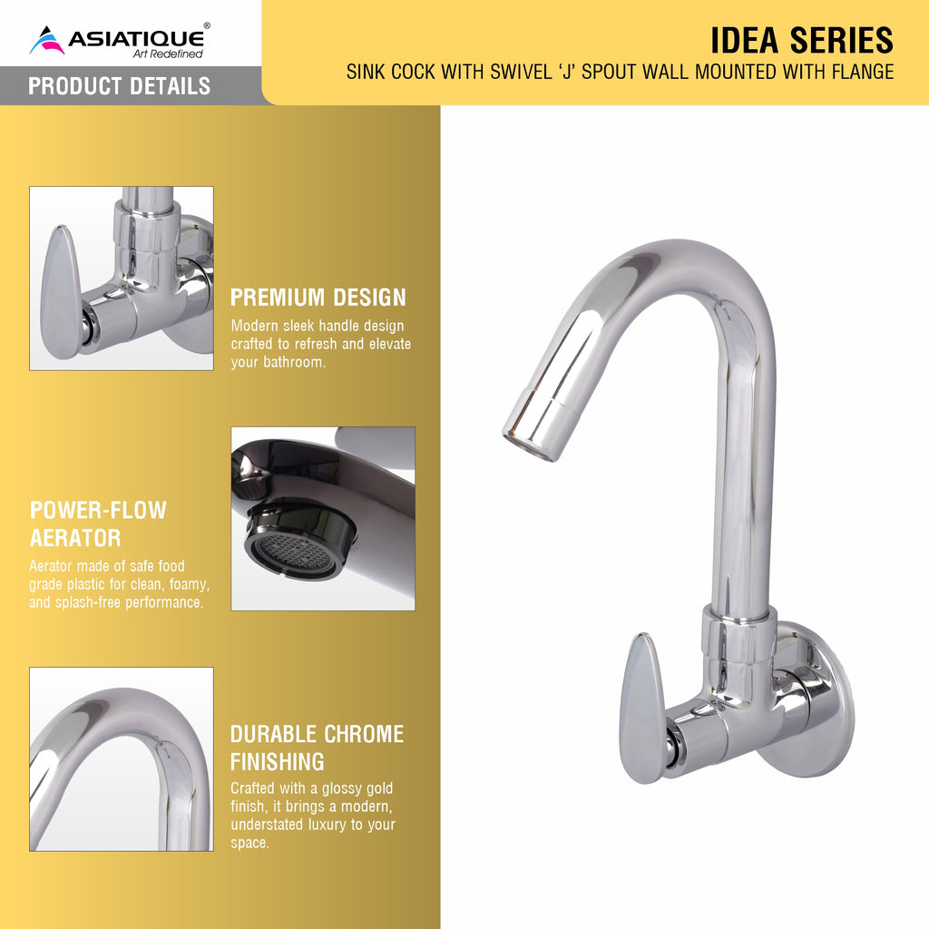 Asiatique Sink Cock With Swivel ‘J’ Spout Wall Mounted With Flange (I-008), Idea Series Premium CP Bath Fittings & Faucets