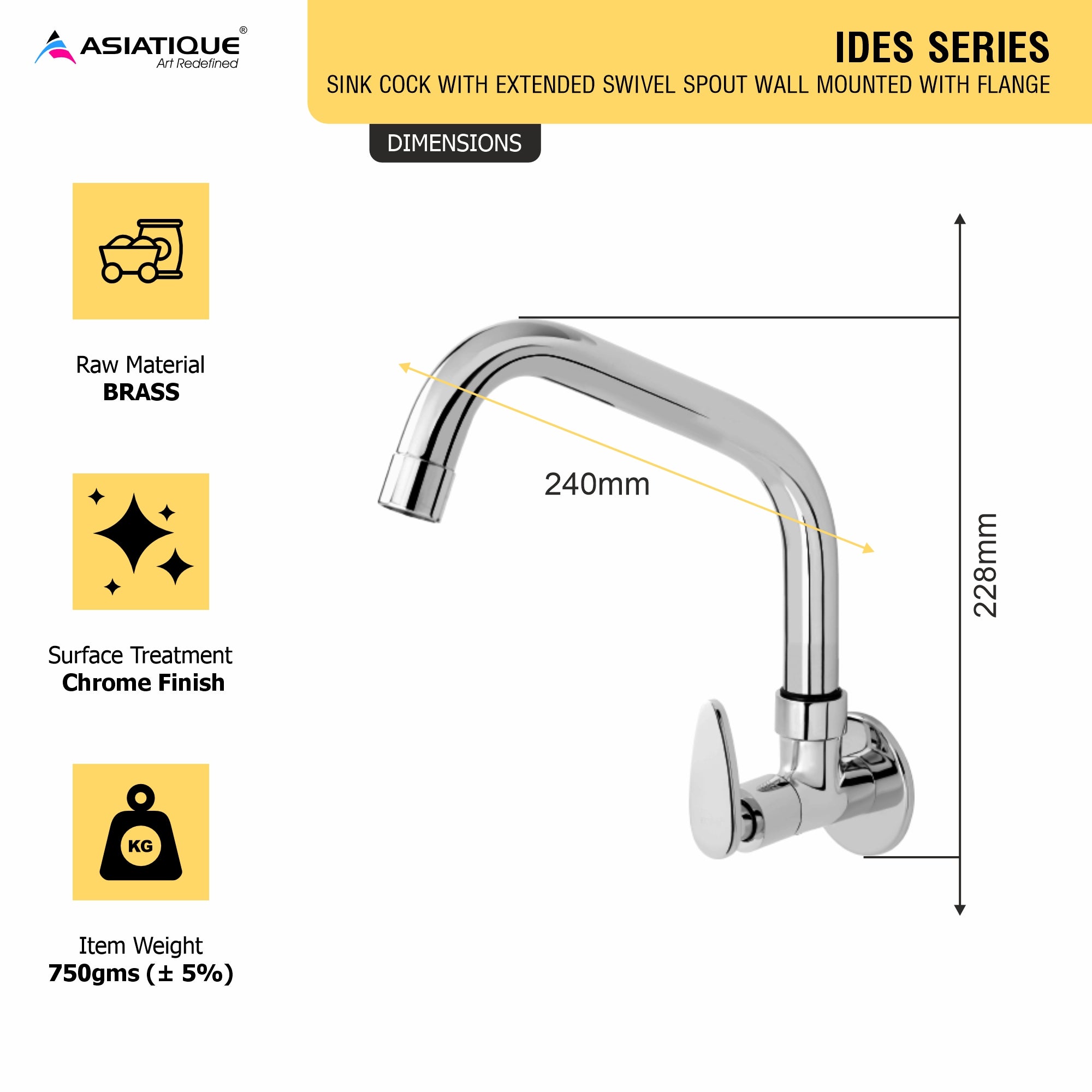 Asiatique Sink Cock With Extended Swivel Spout Wall Mounted With Flange (I-008EX), Idea Series Premium CP Bath Fittings & Faucets