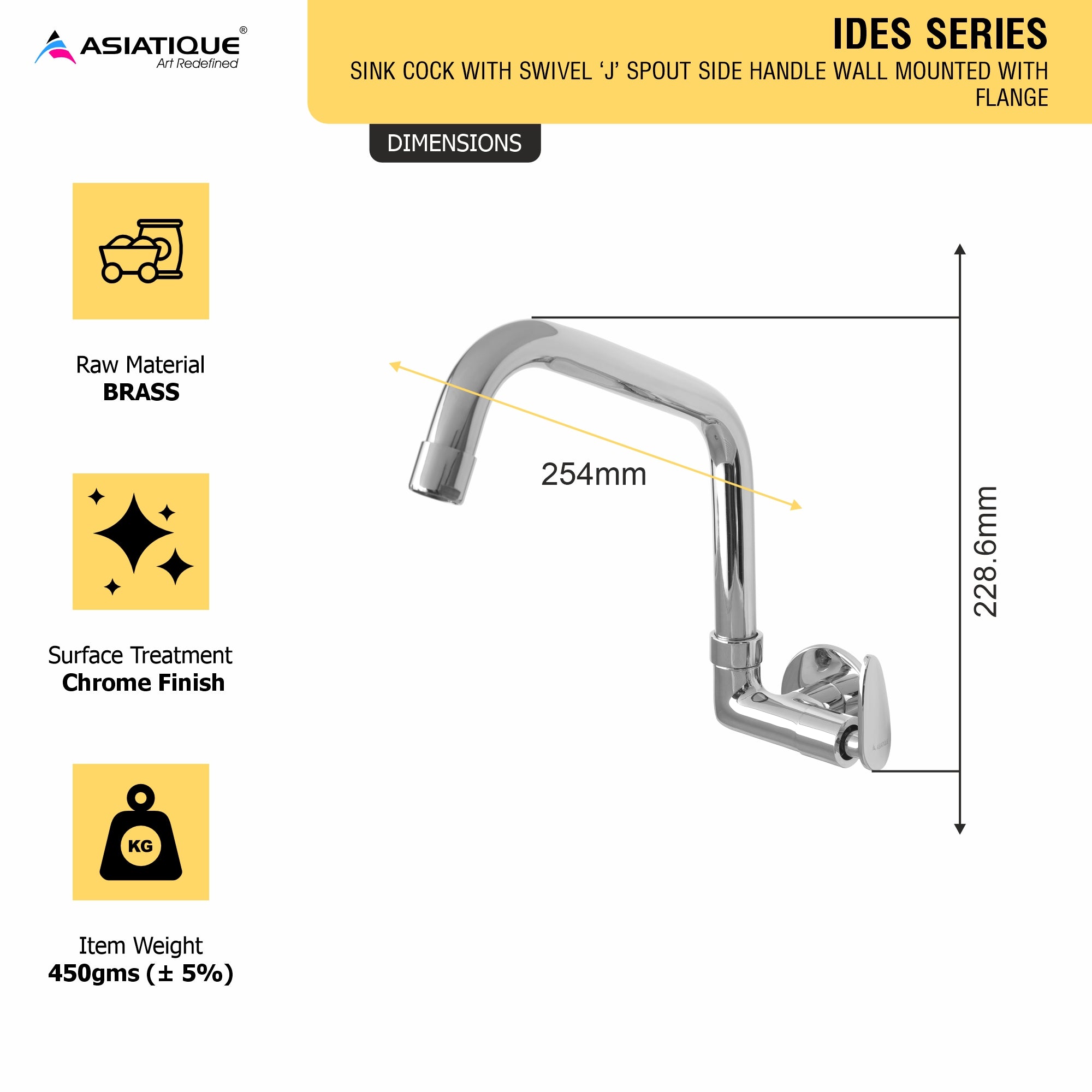 Asiatique Sink Cock With Extended Swivel Spout Side Handle Wall Mounted With Flange (I-008EX SH), Idea Series Premium CP Bath Fittings & Faucets