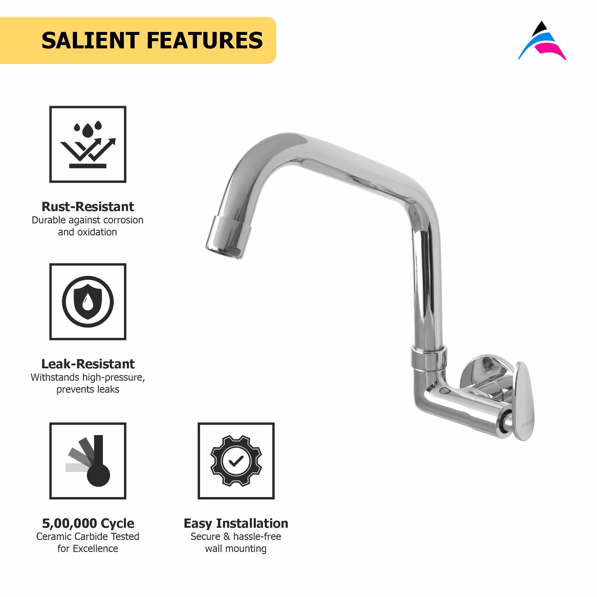 Asiatique Sink Cock With Extended Swivel Spout Side Handle Wall Mounted With Flange (I-008EX SH), Idea Series Premium CP Bath Fittings & Faucets