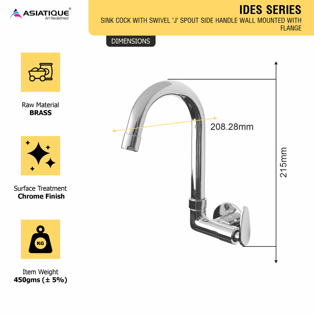 Asiatique Sink Cock With Swivel ‘J’ Spout Side Handle Wall Mounted With Flange (I-008 SH), Idea Series Premium CP Bath Fittings & Faucets