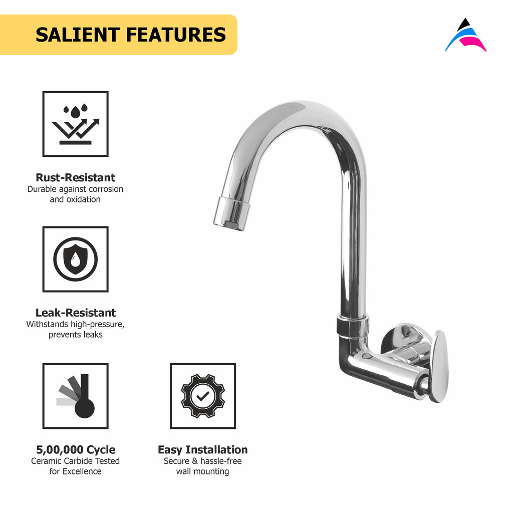 Asiatique Sink Cock With Swivel ‘J’ Spout Side Handle Wall Mounted With Flange (I-008 SH), Idea Series Premium CP Bath Fittings & Faucets