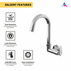 Asiatique Sink Cock With Swivel ‘J’ Spout Side Handle Wall Mounted With Flange (I-008 SH), Idea Series Premium CP Bath Fittings & Faucets