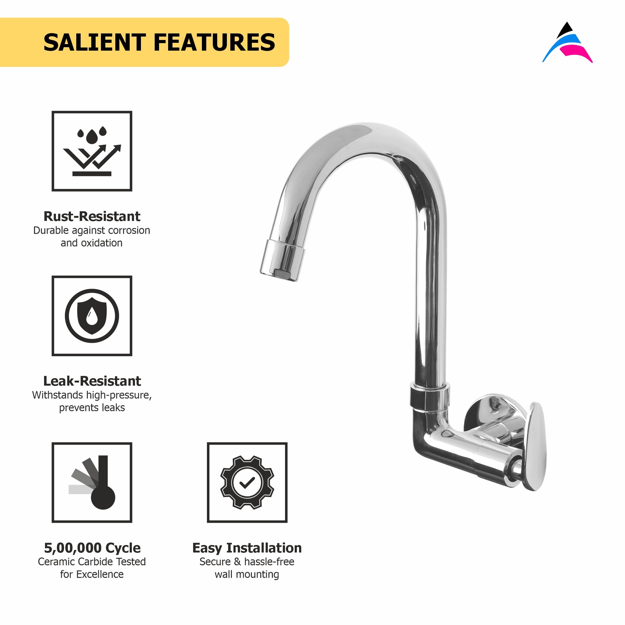 Asiatique Sink Cock With Swivel ‘J’ Spout Side Handle Wall Mounted With Flange (I-008 SH), Idea Series Premium CP Bath Fittings & Faucets
