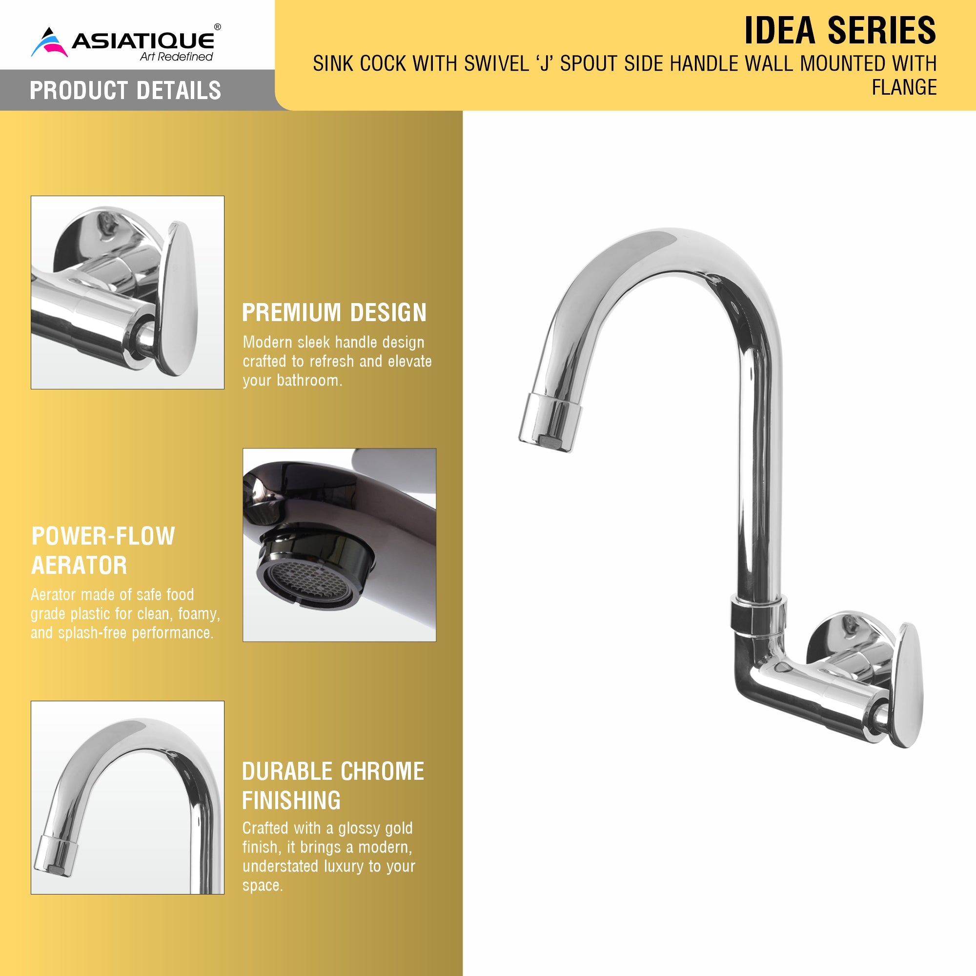 Asiatique Sink Cock With Swivel ‘J’ Spout Side Handle Wall Mounted With Flange (I-008 SH), Idea Series Premium CP Bath Fittings & Faucets
