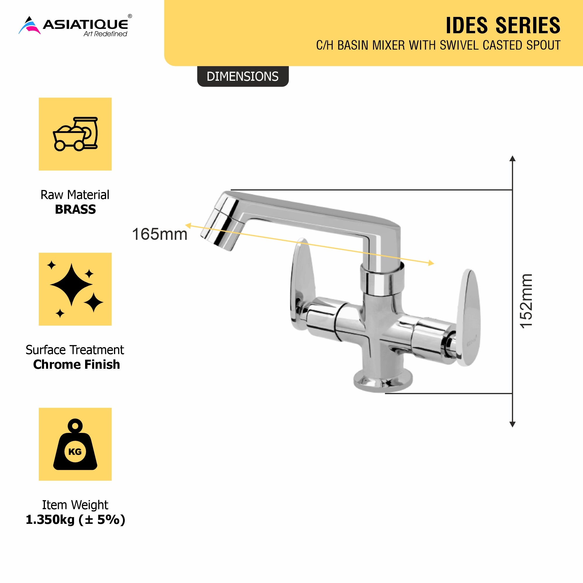 Asiatique C/H Basin Mixer With Swivel Casted Spout (I-010), Idea Series Premium CP Bath Fittings & Faucets