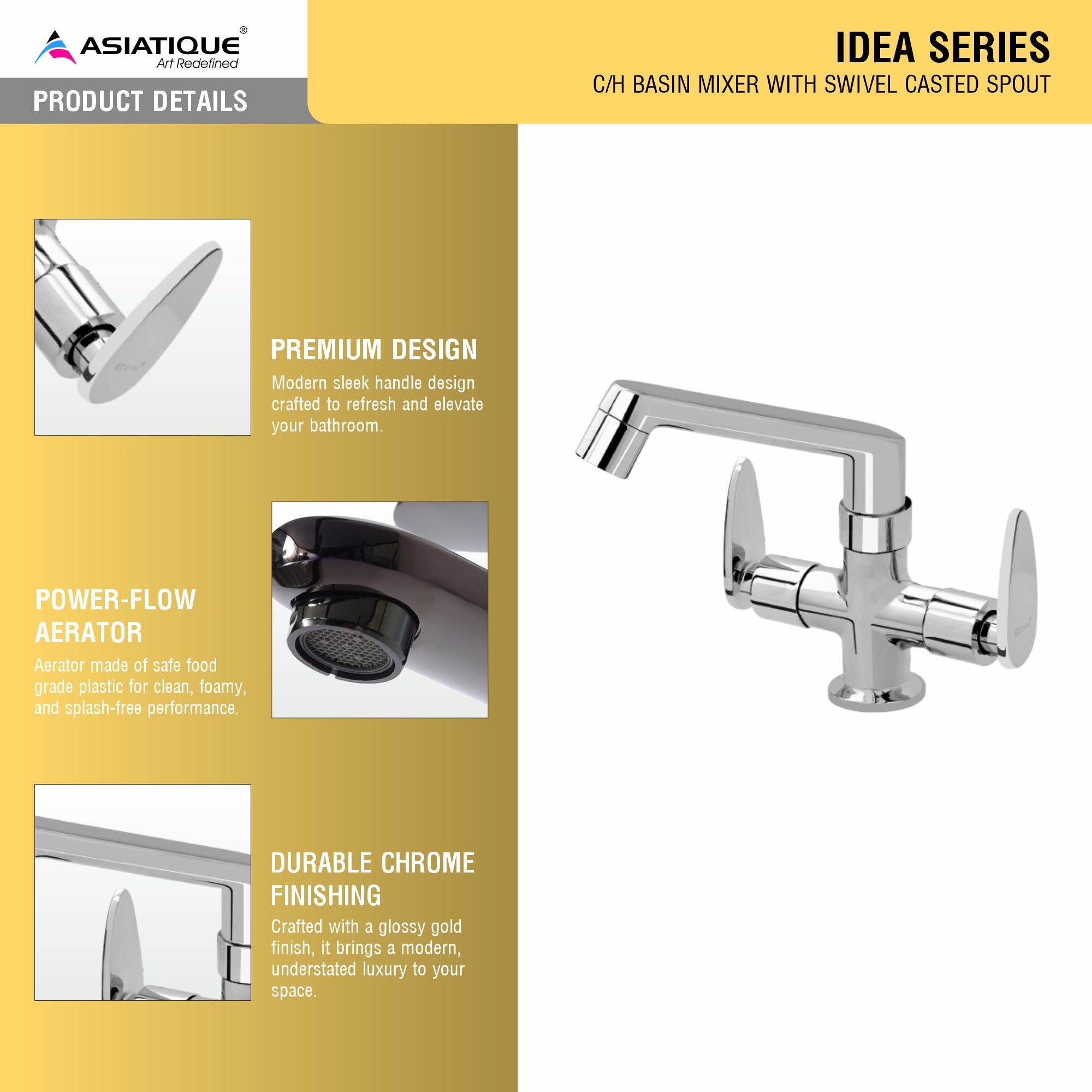 Asiatique C/H Basin Mixer With Swivel Casted Spout (I-010), Idea Series Premium CP Bath Fittings & Faucets