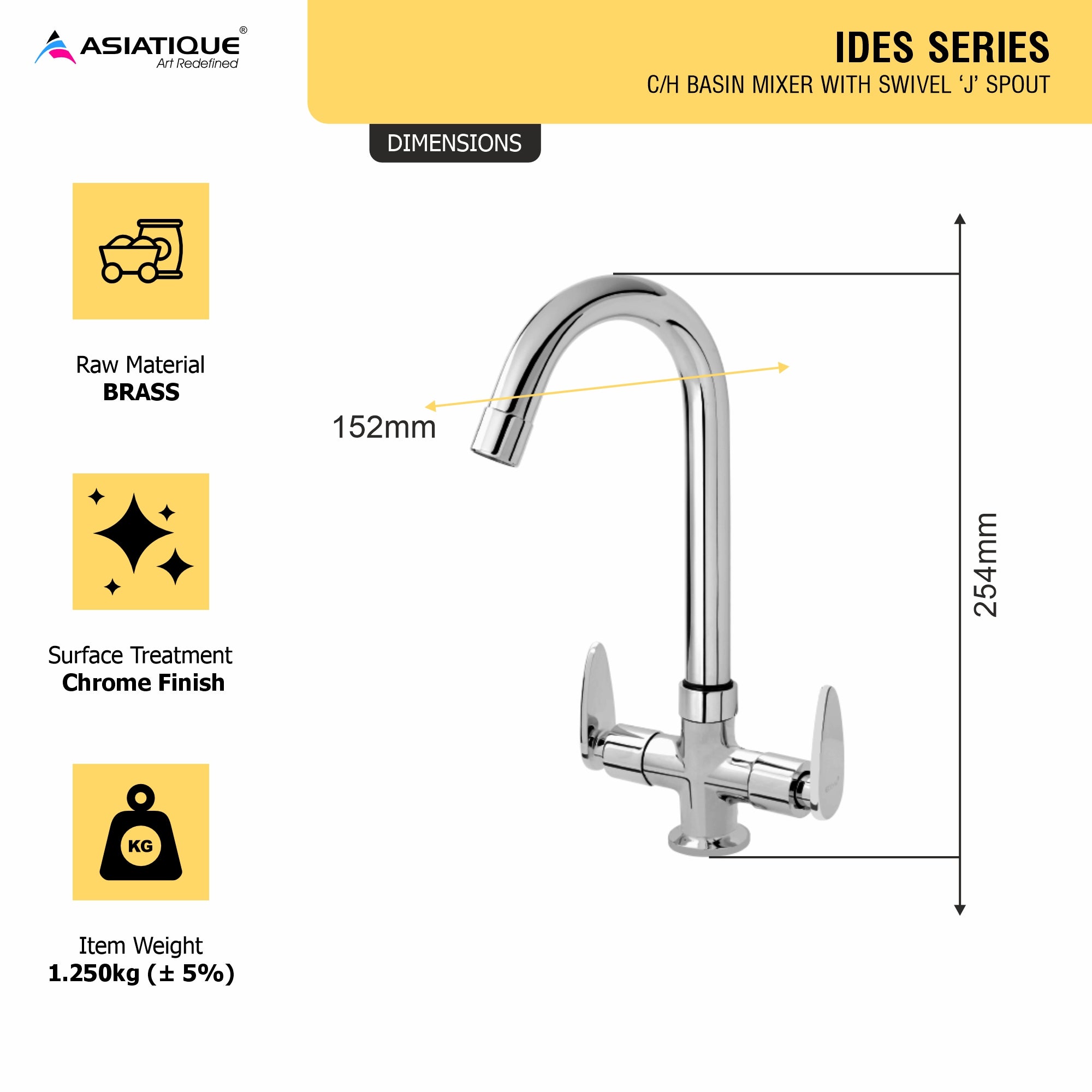 Asiatique C/H Basin Mixer With Swivel ‘J’ Spout (I-011), Idea Series Premium CP Bath Fittings & Faucets