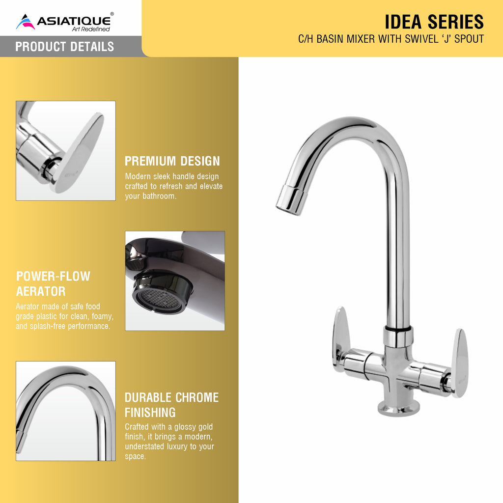 Asiatique C/H Basin Mixer With Swivel ‘J’ Spout (I-011), Idea Series Premium CP Bath Fittings & Faucets