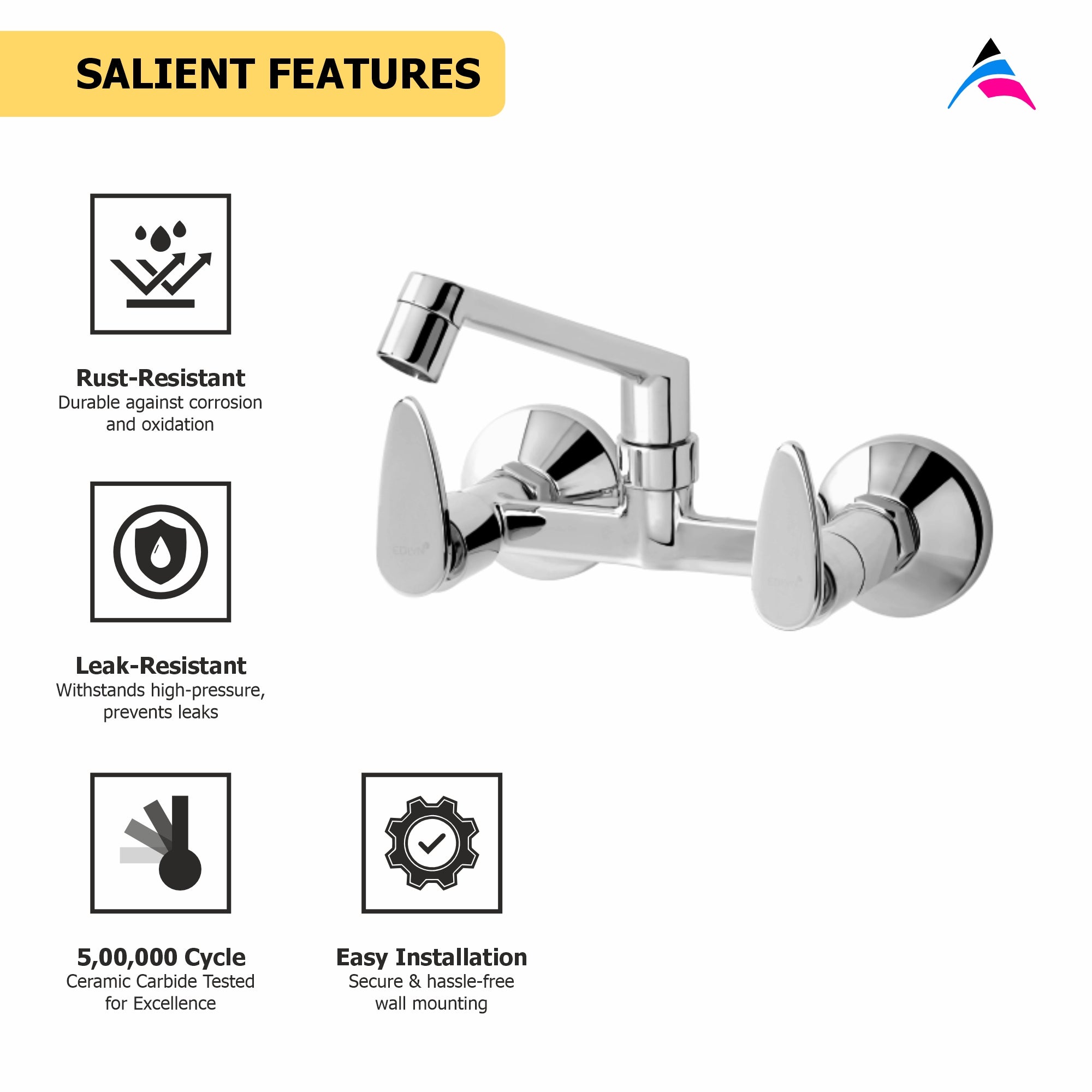 Asiatique Sink Mixer With Swivel Casted Spout Wall Mounted (I-012), Idea Series Premium CP Bath Fittings & Faucets