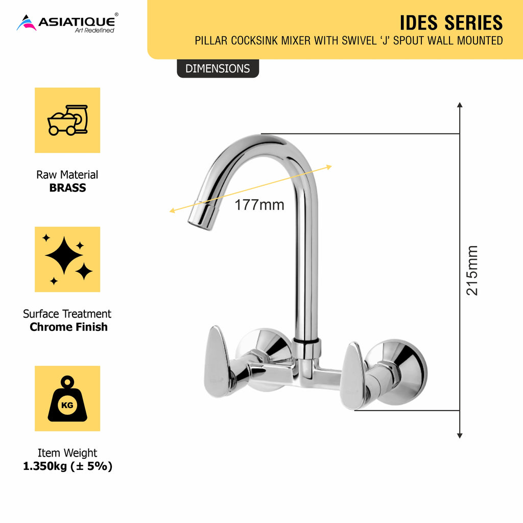 Asiatique Sink Mixer With Swivel ‘J’ Spout Wall Mounted (I-013), Idea Series Premium CP Bath Fittings & Faucets