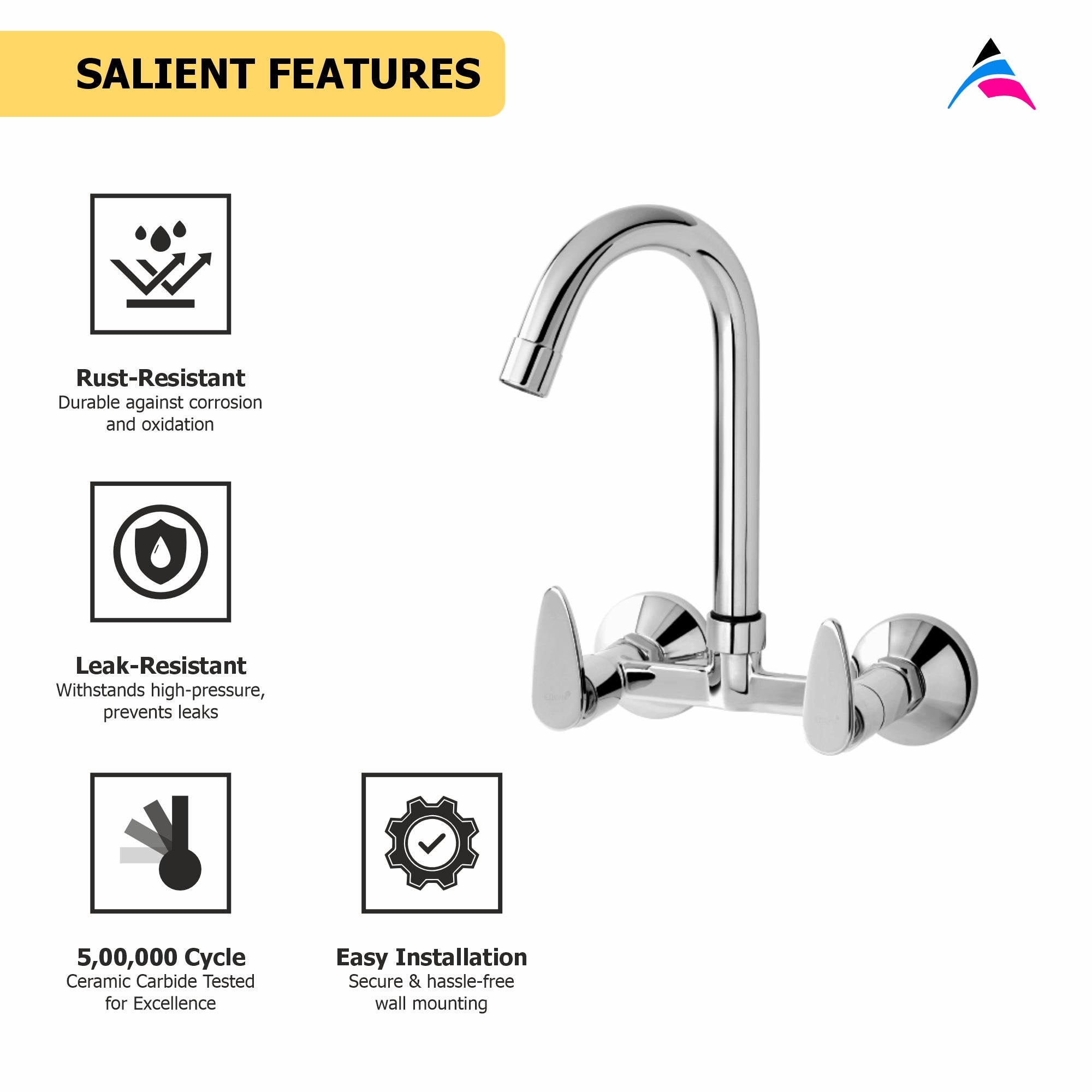Asiatique Sink Mixer With Swivel ‘J’ Spout Wall Mounted (I-013), Idea Series Premium CP Bath Fittings & Faucets