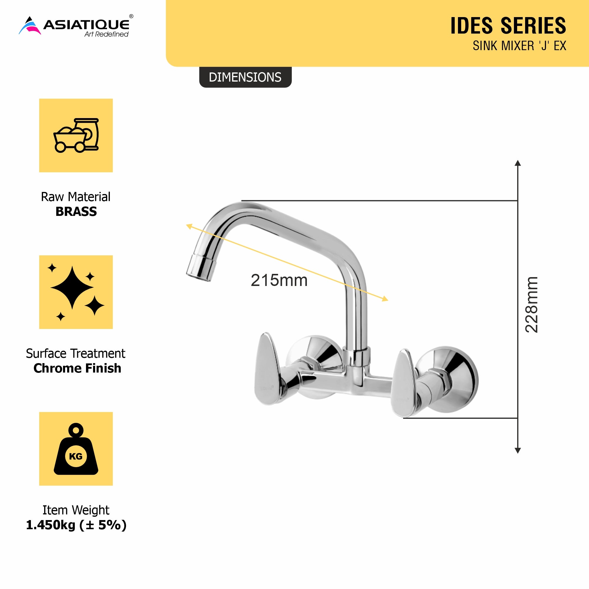 Asiatique Sink Mixer With Extended Swivel Spout Wall Mounted (I-013EX), Idea Series Premium CP Bath Fittings & Faucets