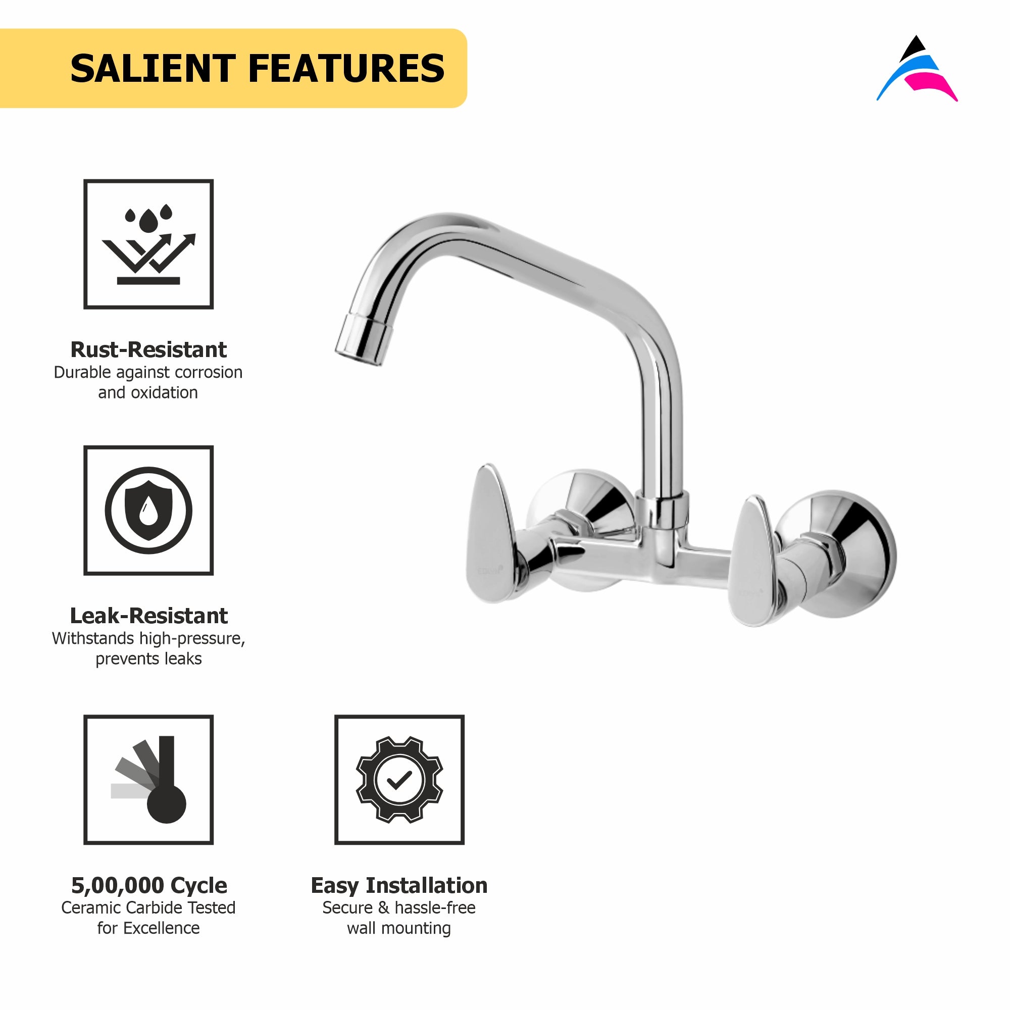 Asiatique Sink Mixer With Extended Swivel Spout Wall Mounted (I-013EX), Idea Series Premium CP Bath Fittings & Faucets
