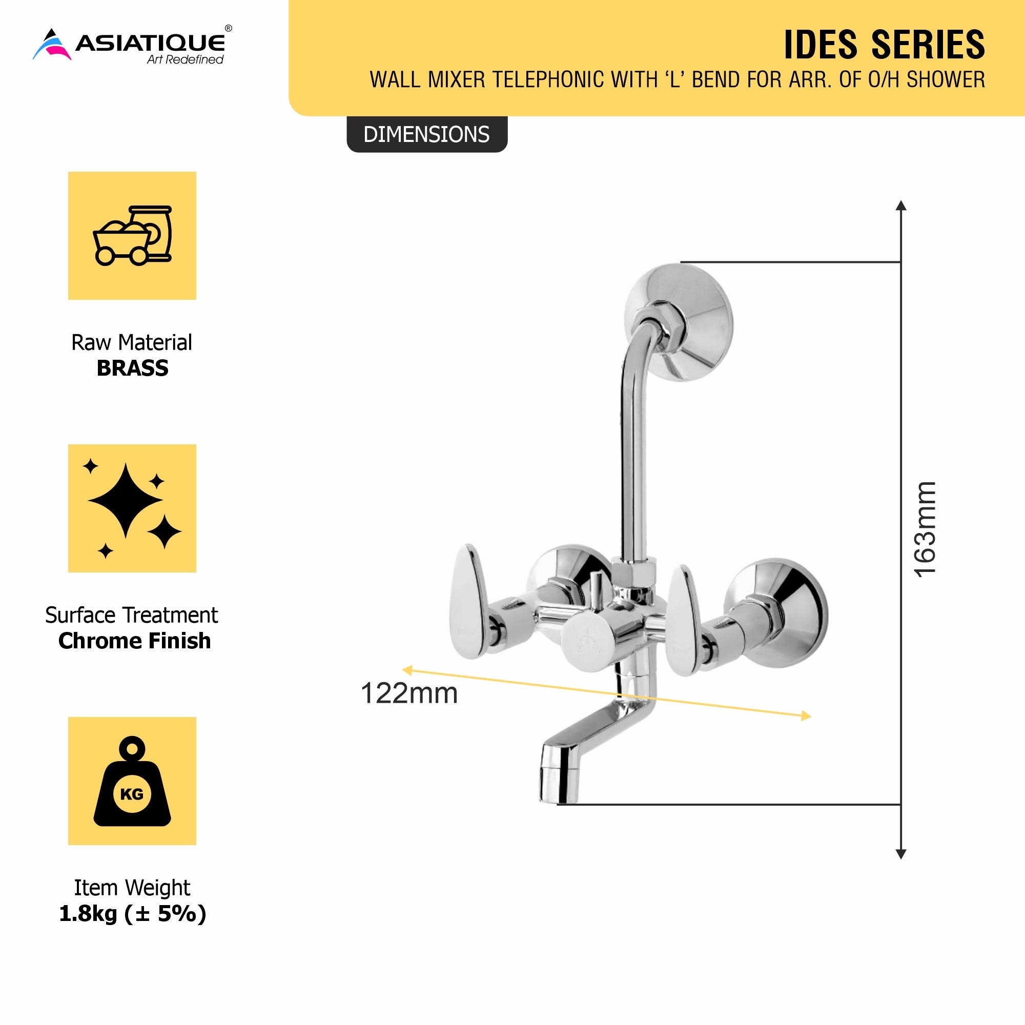 Asiatique Wall Mixer Telephonic With ‘L’ Bend for ARR. Of O/H Shower (I-017), Idea Series Premium CP Bath Fittings & Faucets