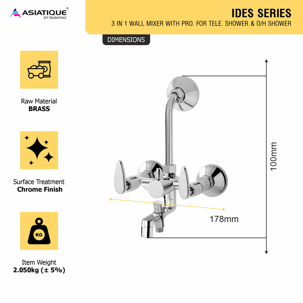 Asiatique 3 in 1 Wall Mixer With Pro. For Tele. Shower & O/H Shower (I-018), Idea Series Premium CP Bath Fittings & Faucets