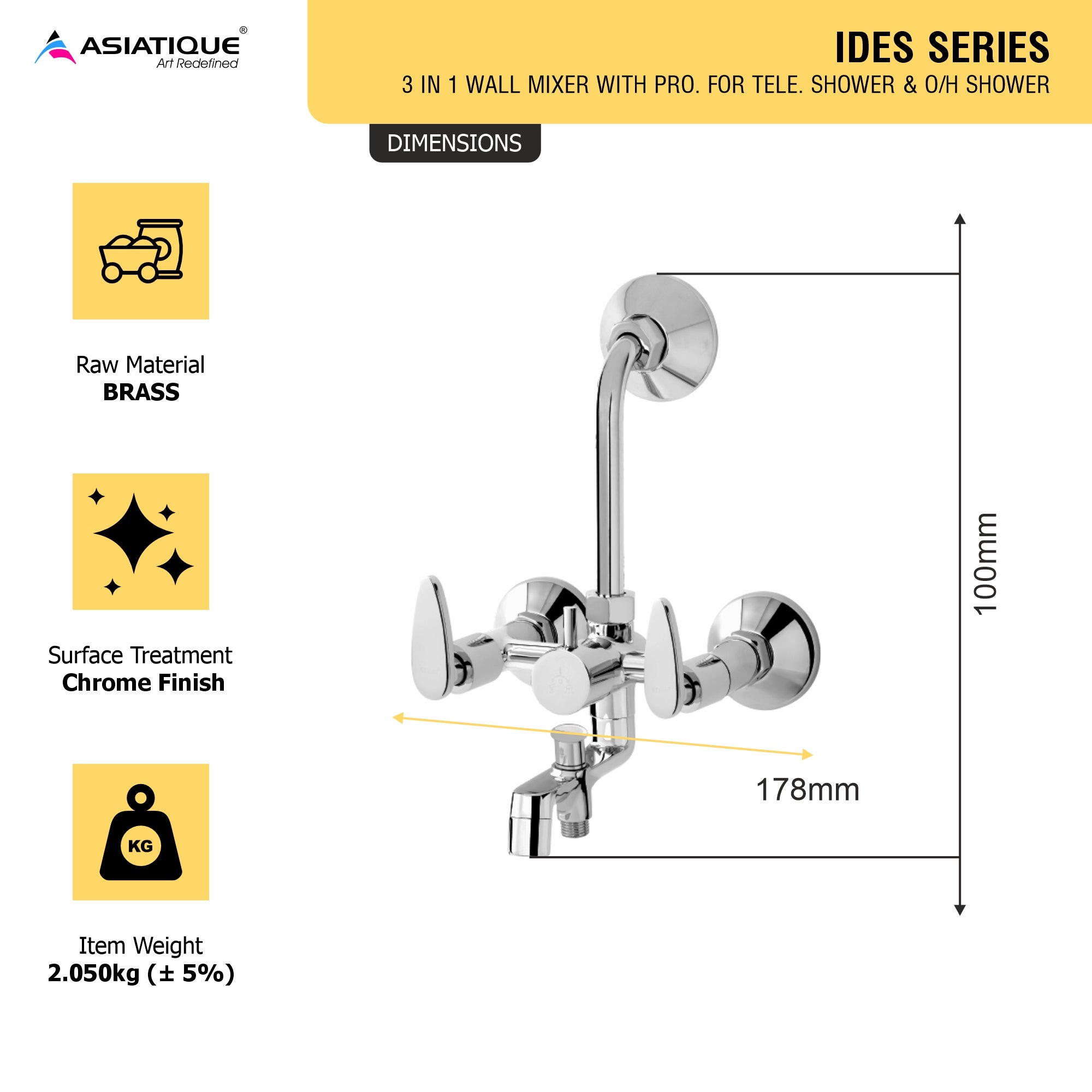 Asiatique 3 in 1 Wall Mixer With Pro. For Tele. Shower & O/H Shower (I-018), Idea Series Premium CP Bath Fittings & Faucets