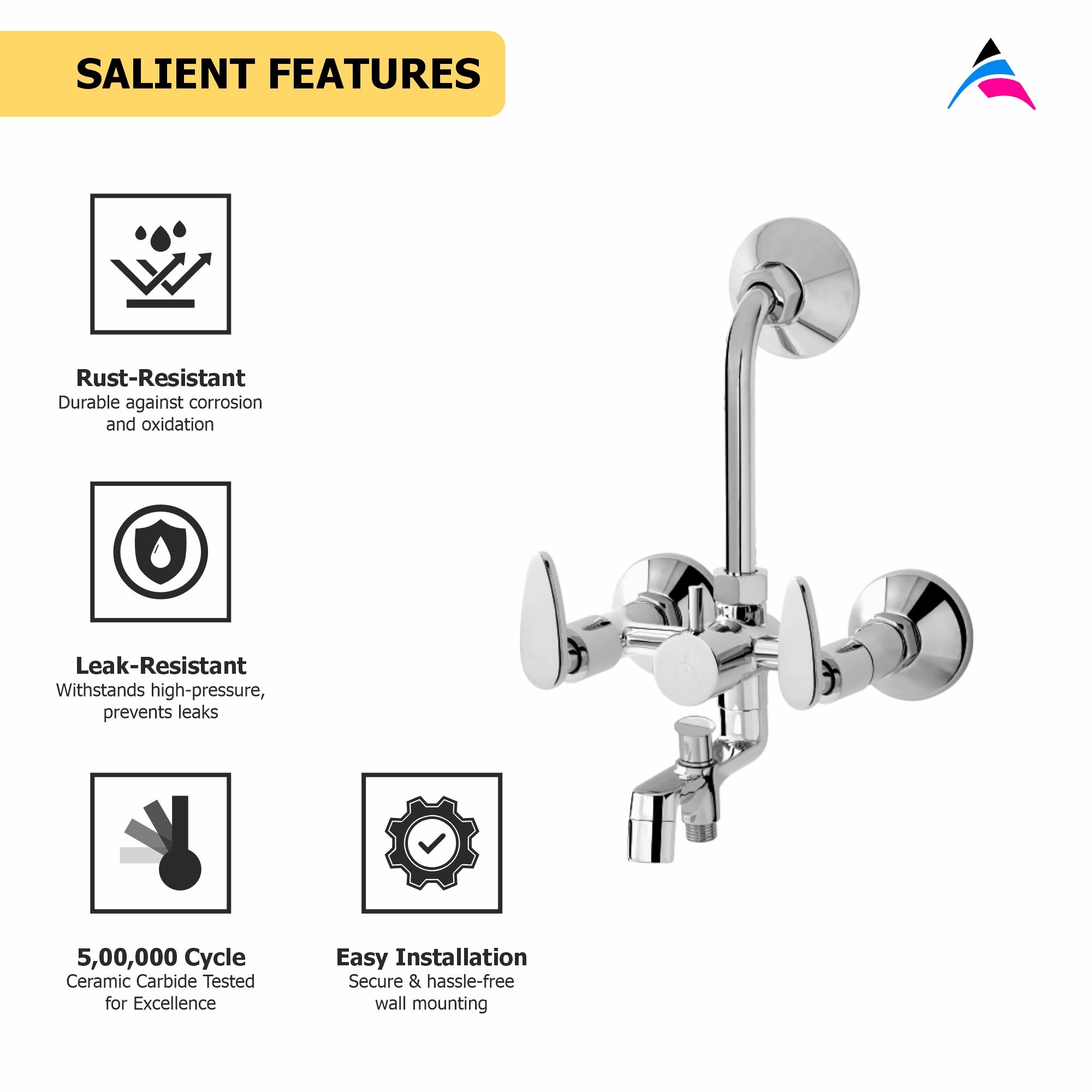 Asiatique 3 in 1 Wall Mixer With Pro. For Tele. Shower & O/H Shower (I-018), Idea Series Premium CP Bath Fittings & Faucets
