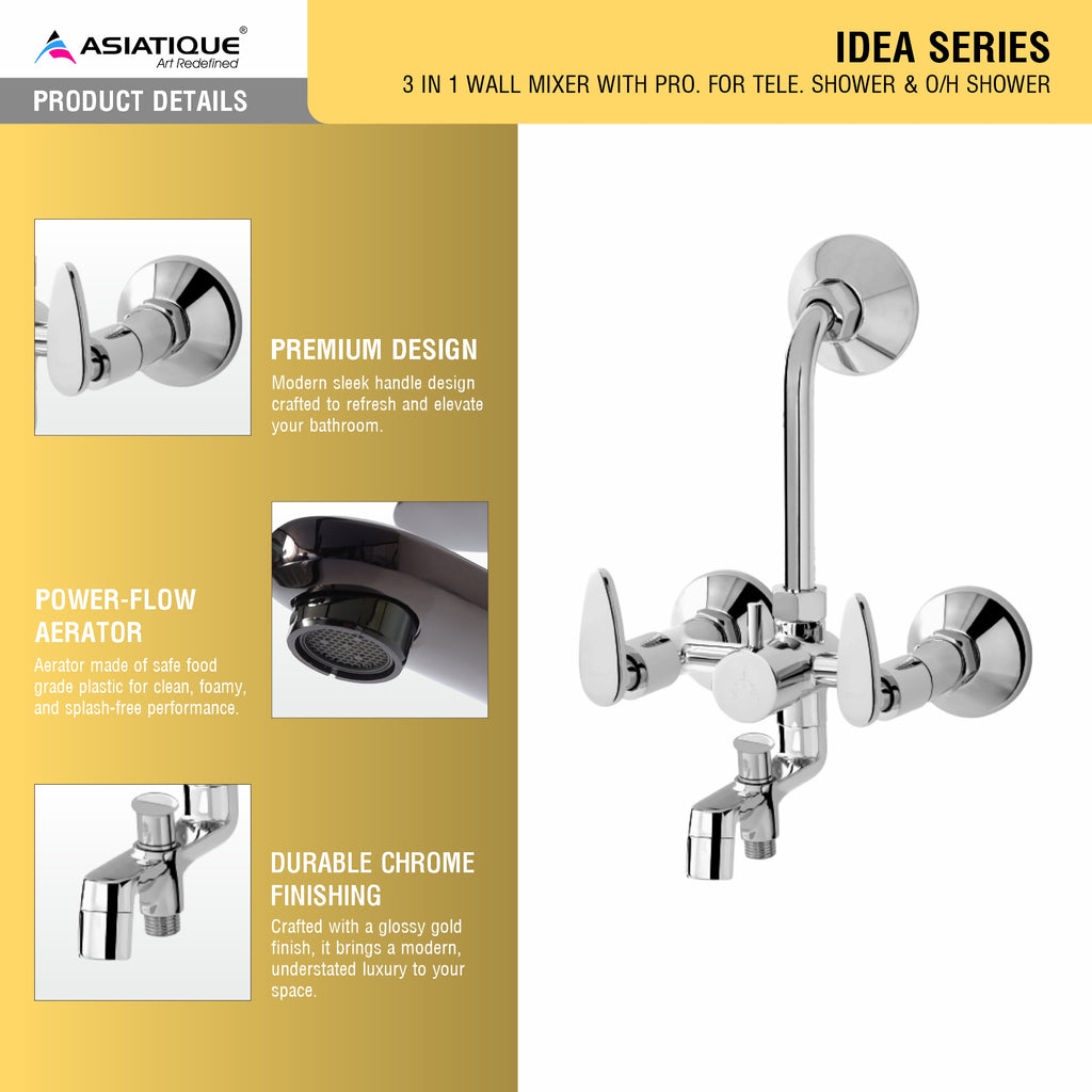 Asiatique 3 in 1 Wall Mixer With Pro. For Tele. Shower & O/H Shower (I-018), Idea Series Premium CP Bath Fittings & Faucets