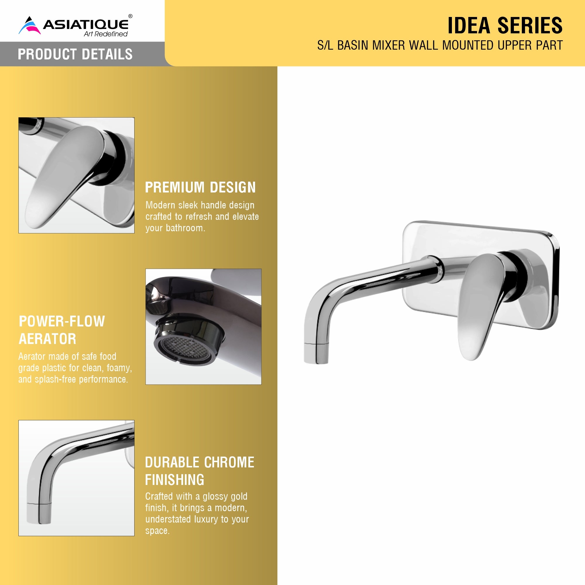 Asiatique S/L Basin Mixer Wall Mounted Upper Part (I-019U), Idea Series Premium CP Bath Fittings & Faucets