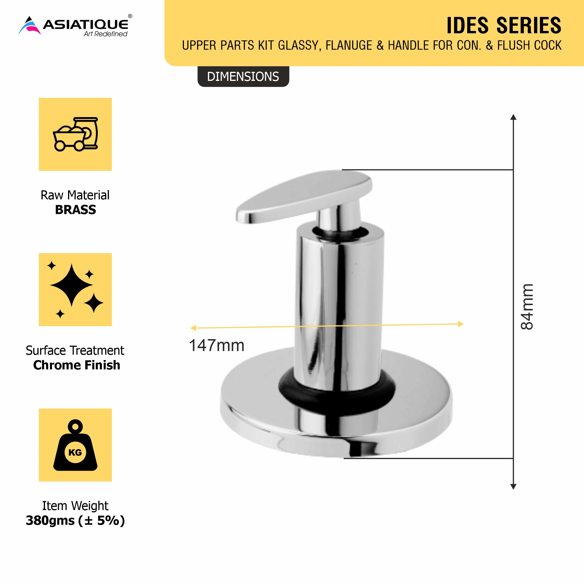 Asiatique Upper Parts Kit Glassy, Flanuge & Handle for Con. & Flush Cock (I-021U), Idea Series Premium CP Bath Fittings & Faucets