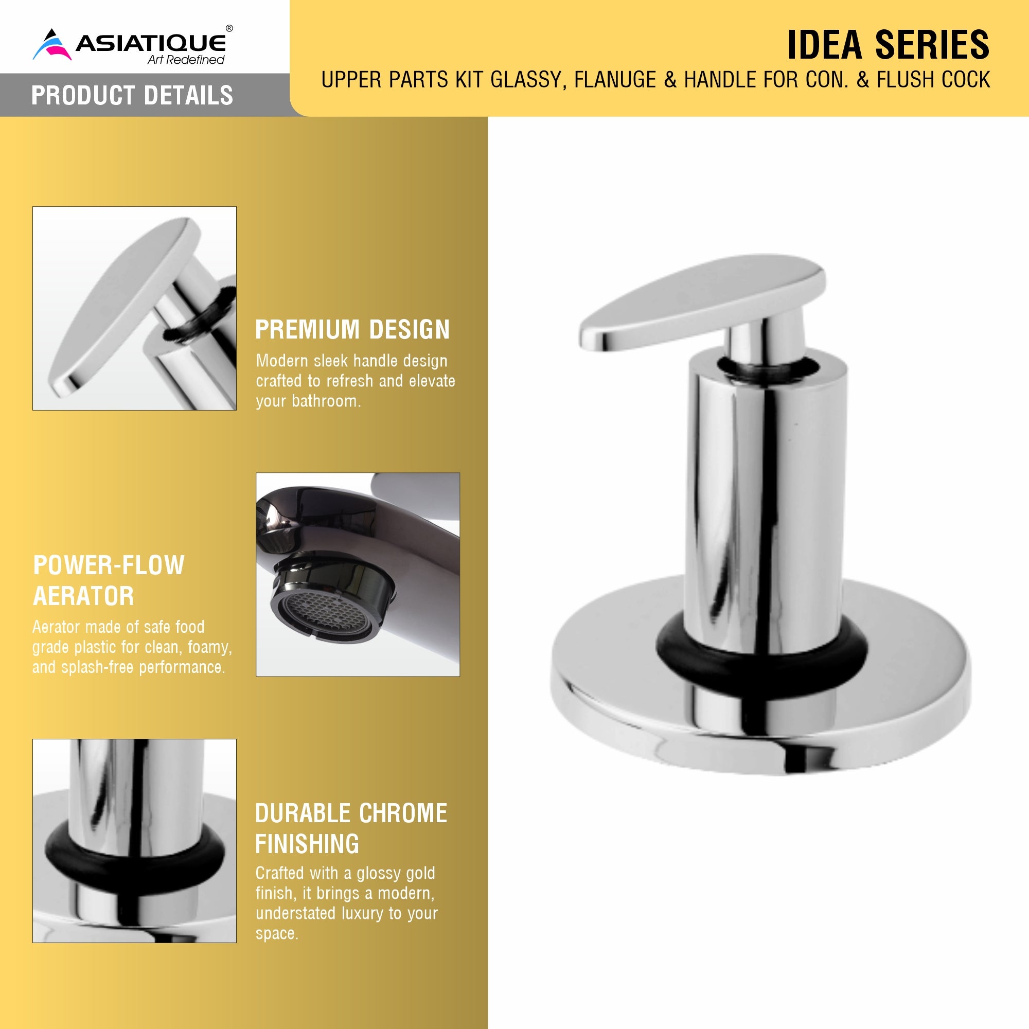 Asiatique Upper Parts Kit Glassy, Flanuge & Handle for Con. & Flush Cock (I-021U), Idea Series Premium CP Bath Fittings & Faucets