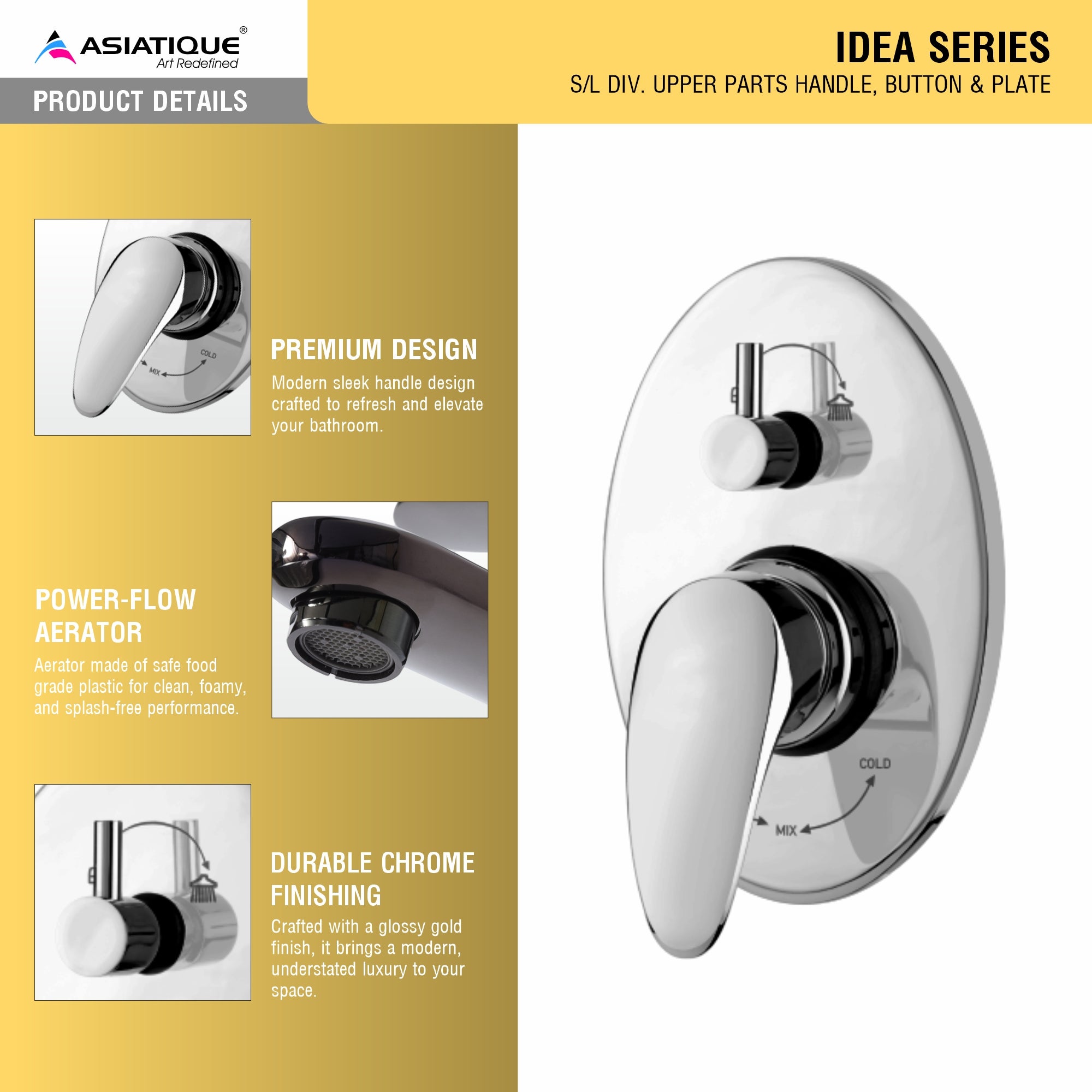 Asiatique S/L Div. Upper Parts Handle, Button & Plate (I-024), Idea Series Premium CP Bath Fittings & Faucets