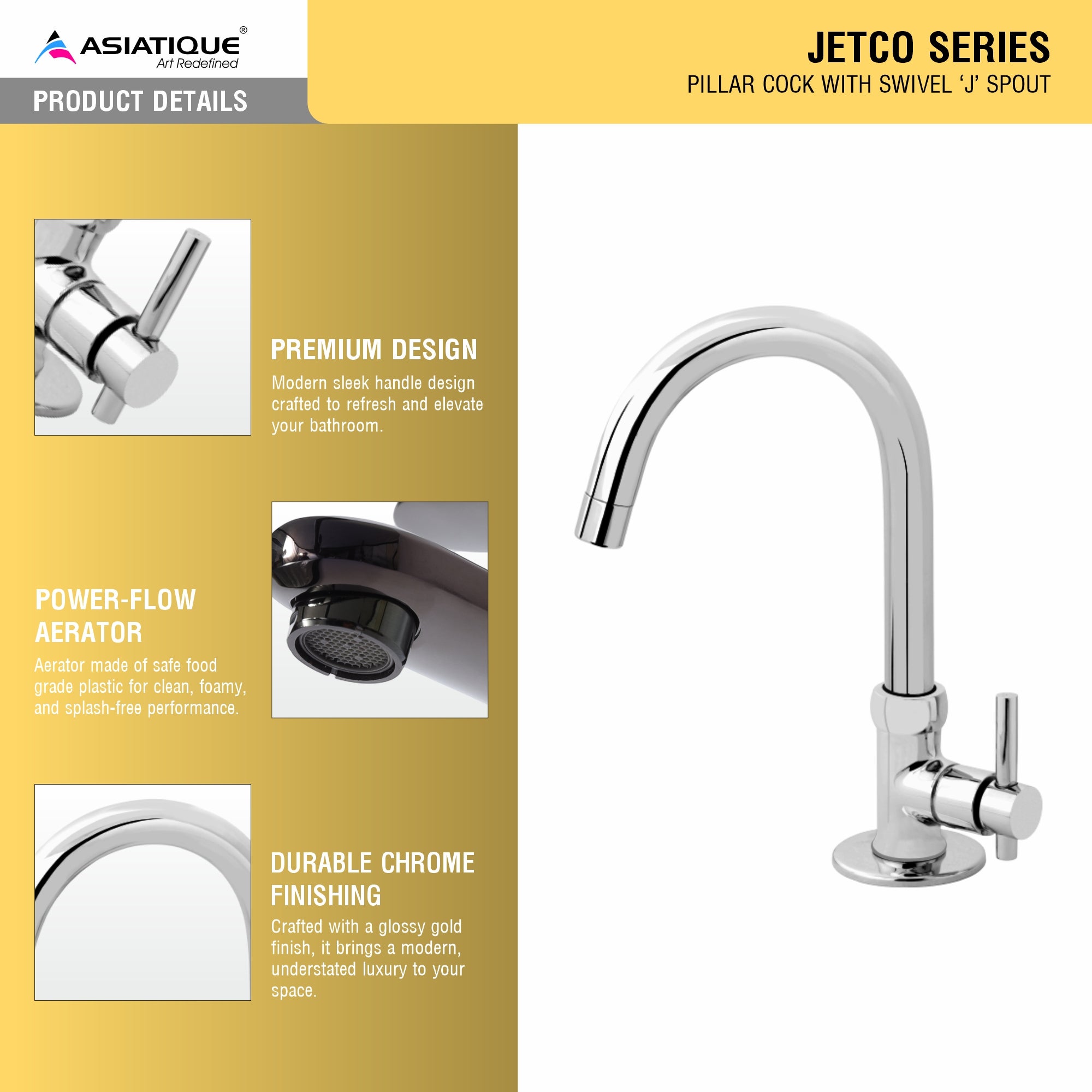 Asiatique Pillar Cock With Swivel ‘J’ Spout (J-002), Jetco Series Bathroom & Kitchen Faucets | Premium Modern Tap Collection