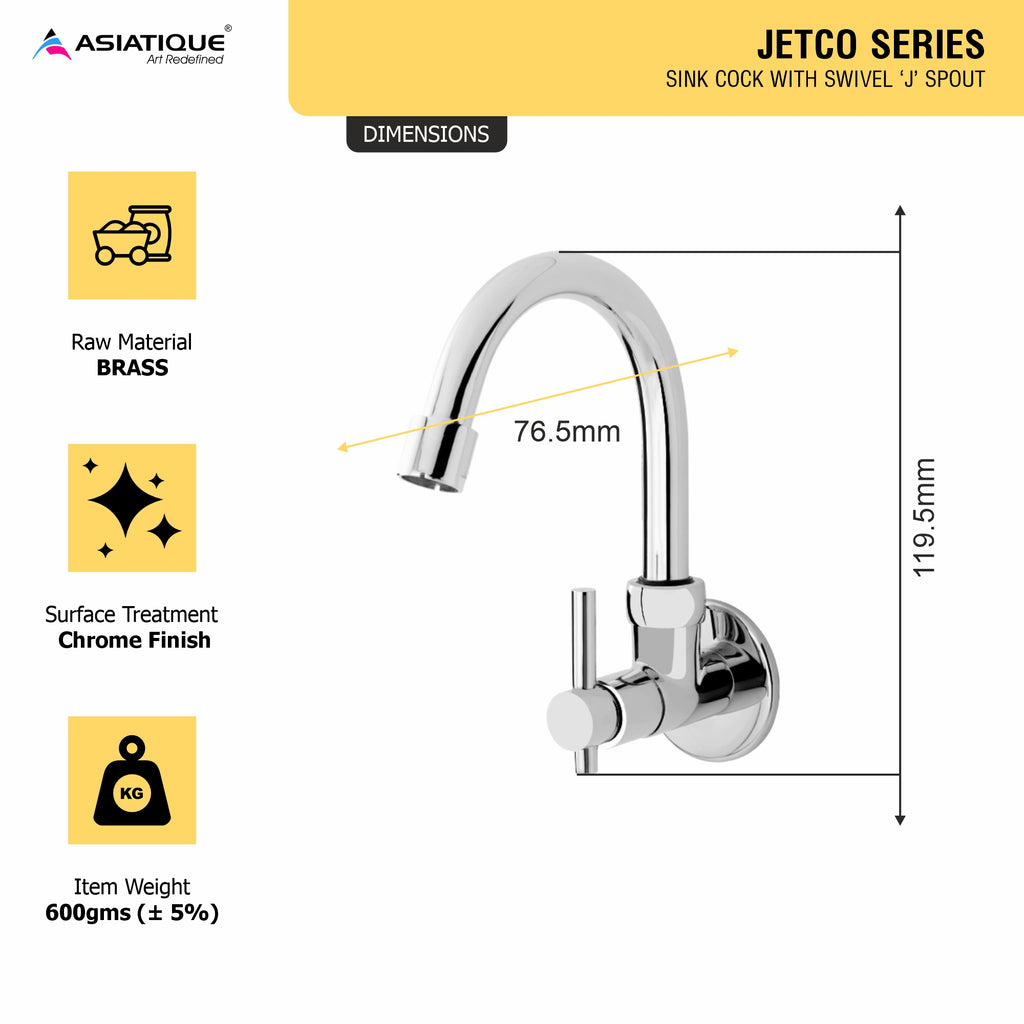 Asiatique Sink Cock With Swivel ‘J’ Spout (Wall mounted) (J-008), Jetco Series Bathroom & Kitchen Faucets | Premium Modern Tap Collection
