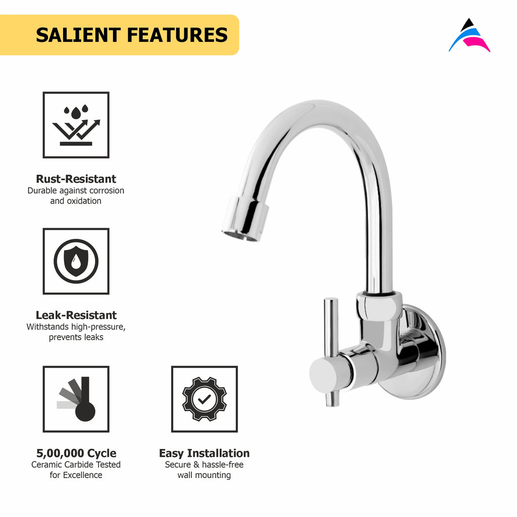 Asiatique Sink Cock With Swivel ‘J’ Spout (Wall mounted) (J-008), Jetco Series Bathroom & Kitchen Faucets | Premium Modern Tap Collection