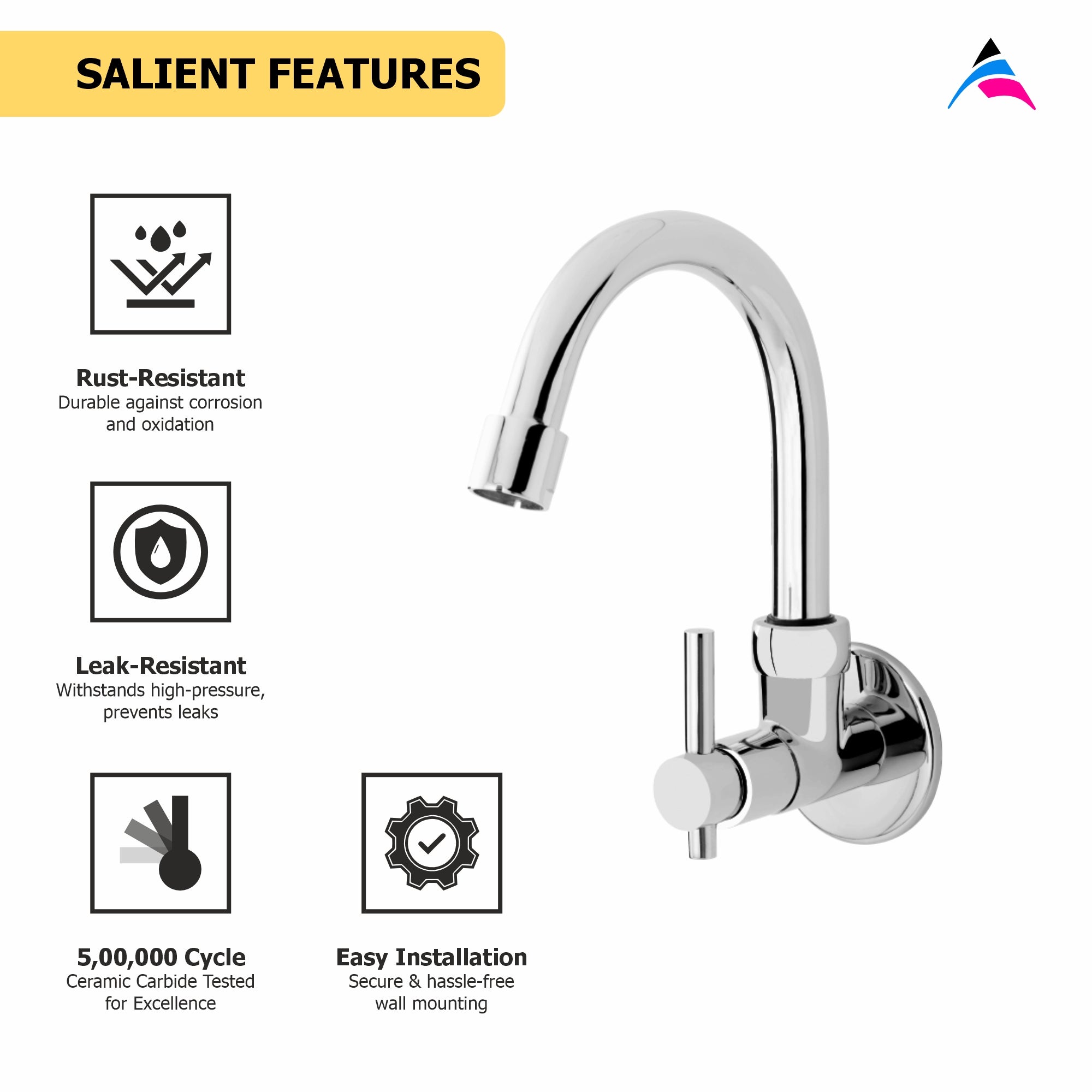 Asiatique Sink Cock With Swivel ‘J’ Spout (Wall mounted) (J-008), Jetco Series Bathroom & Kitchen Faucets | Premium Modern Tap Collection