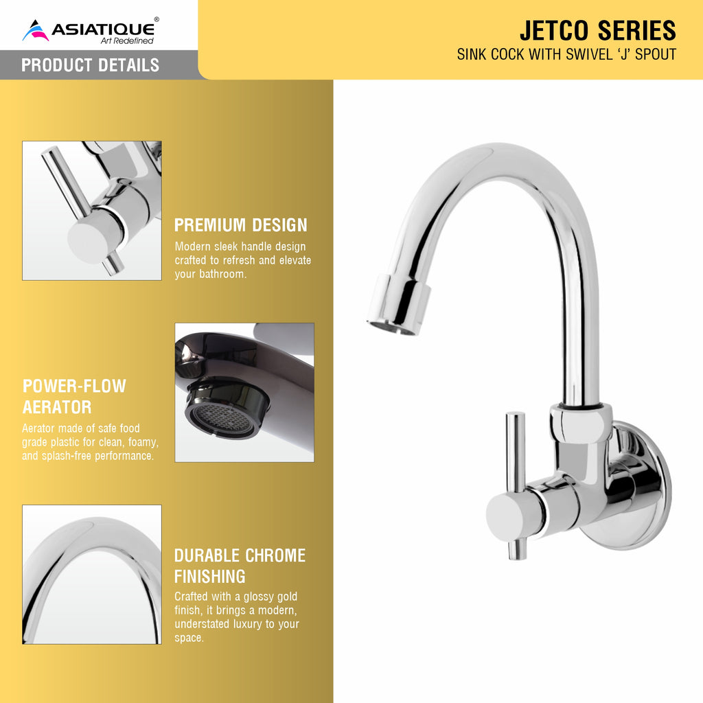 Asiatique Sink Cock With Swivel ‘J’ Spout (Wall mounted) (J-008), Jetco Series Bathroom & Kitchen Faucets | Premium Modern Tap Collection