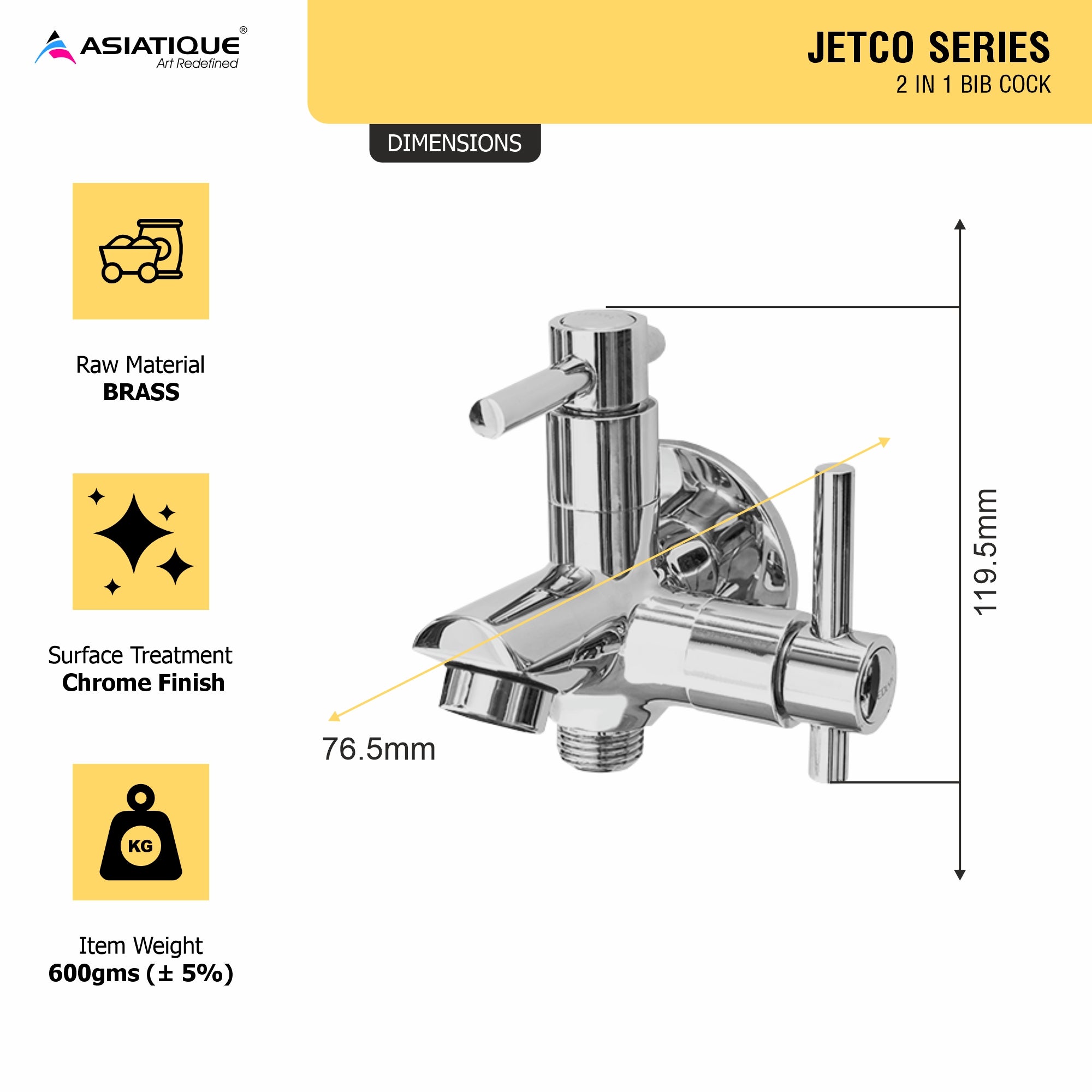Asiatique 2 in 1 Bib Cock (J-015), Jetco Series Bathroom & Kitchen Faucets | Premium Modern Tap Collection