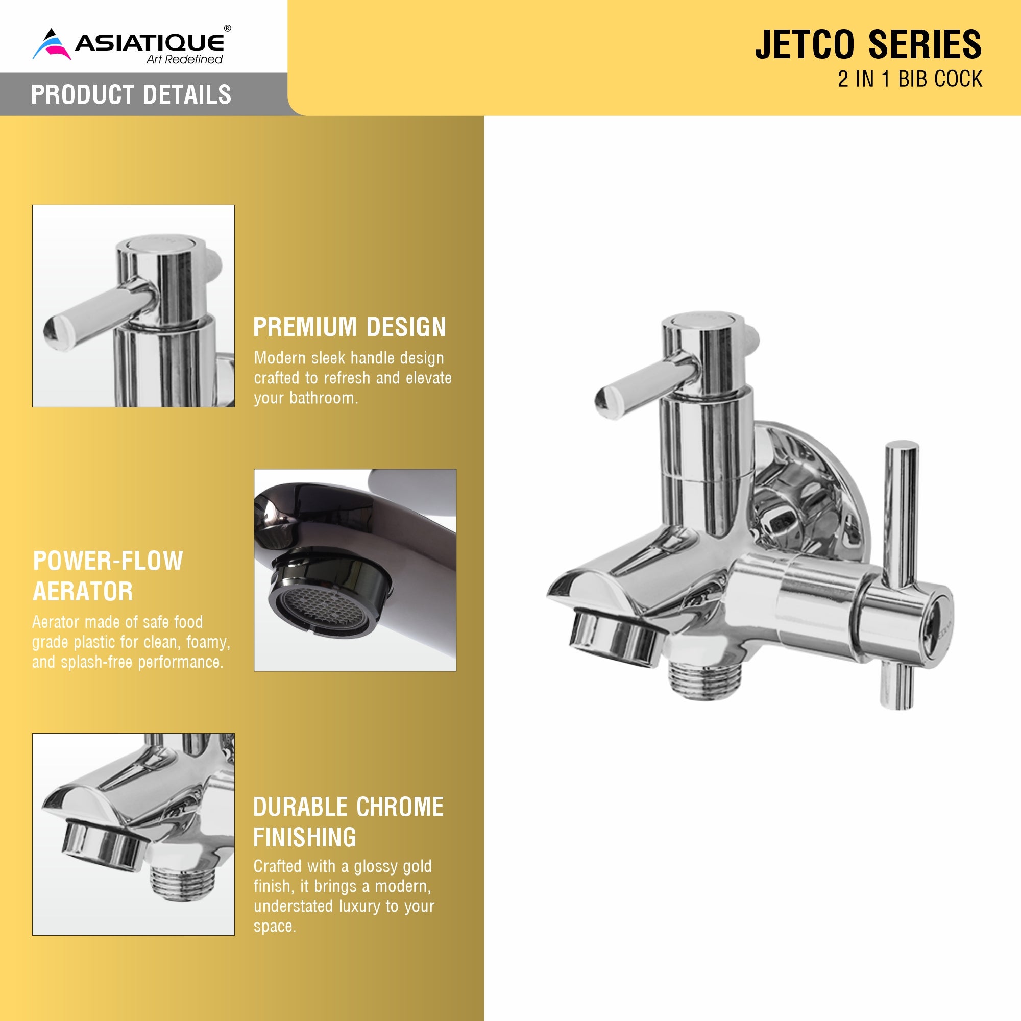 Asiatique 2 in 1 Bib Cock (J-015), Jetco Series Bathroom & Kitchen Faucets | Premium Modern Tap Collection