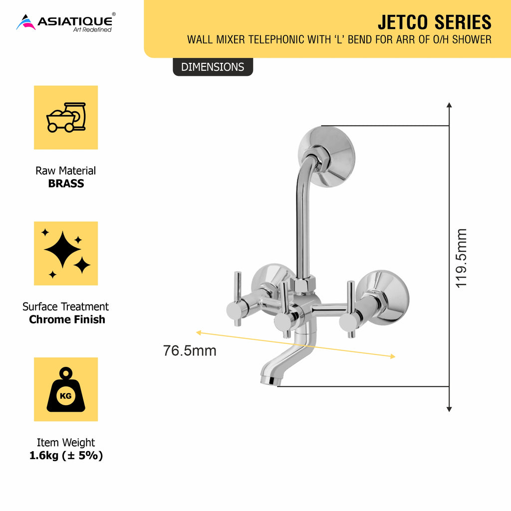 Asiatique Wall Mixer Telephonic with ‘L’ Bend For ARR. Of O/H Shower (J-017), Jetco Series Bathroom & Kitchen Faucets | Premium Modern Tap Collection