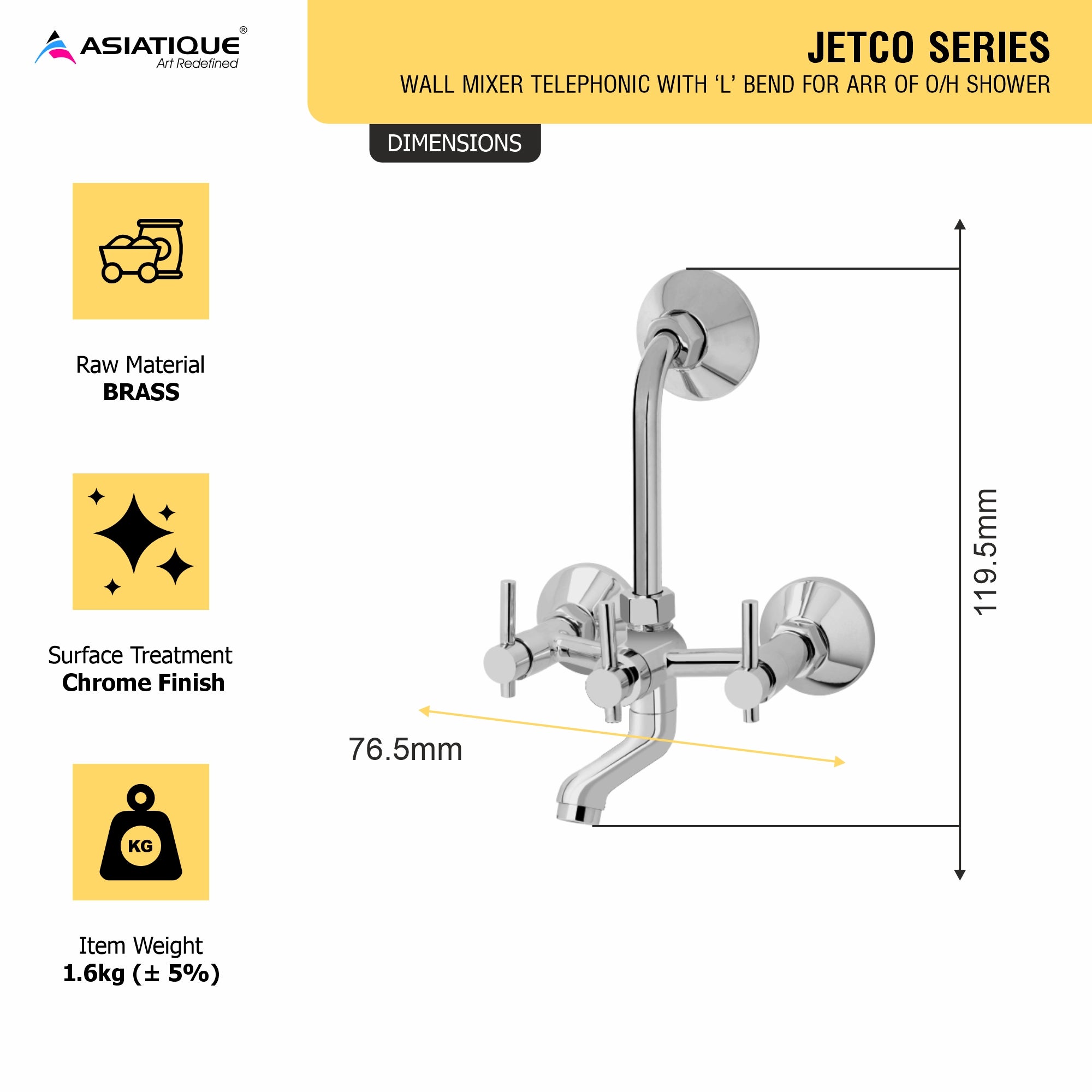 Asiatique Wall Mixer Telephonic with ‘L’ Bend For ARR. Of O/H Shower (J-017), Jetco Series Bathroom & Kitchen Faucets | Premium Modern Tap Collection
