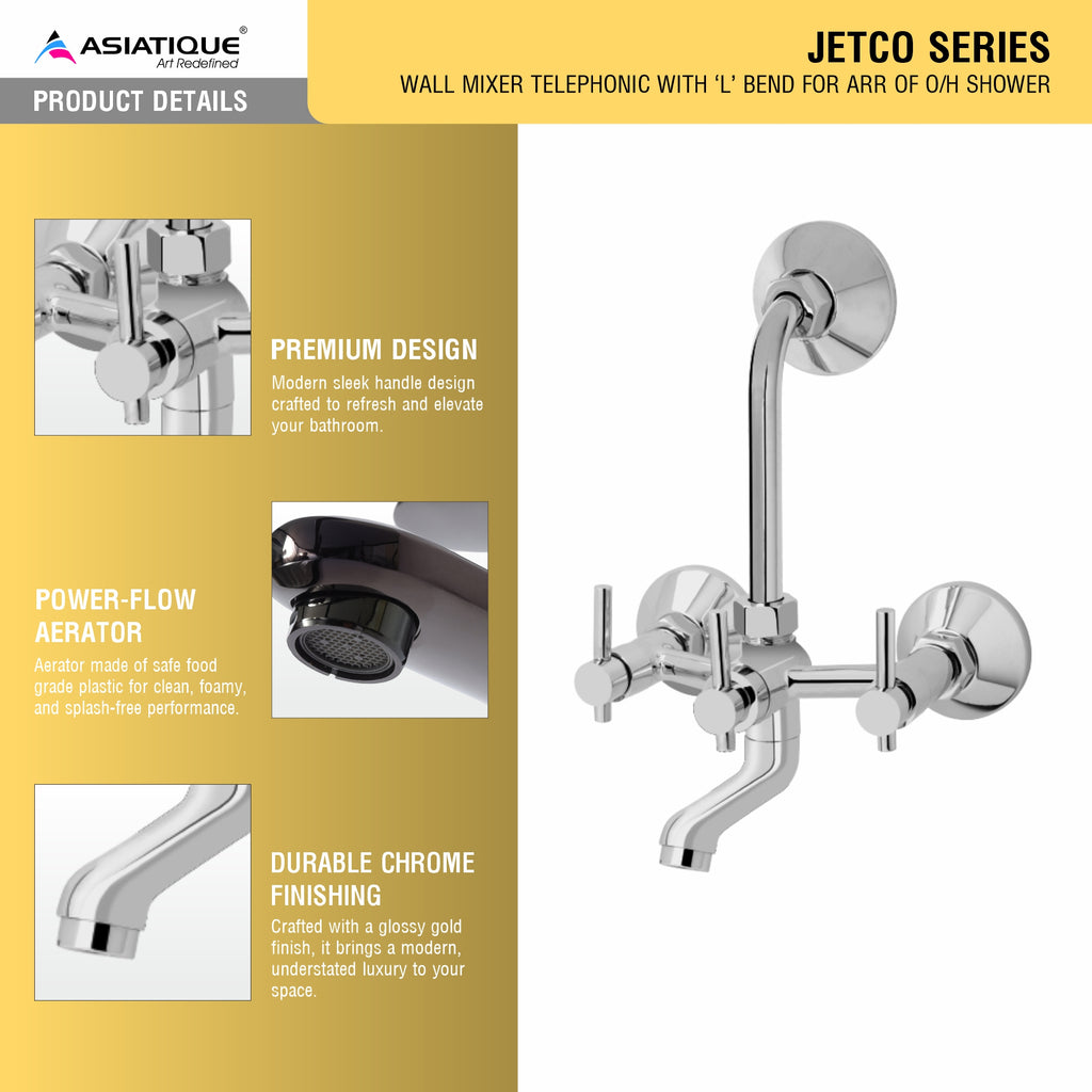 Asiatique Wall Mixer Telephonic with ‘L’ Bend For ARR. Of O/H Shower (J-017), Jetco Series Bathroom & Kitchen Faucets | Premium Modern Tap Collection