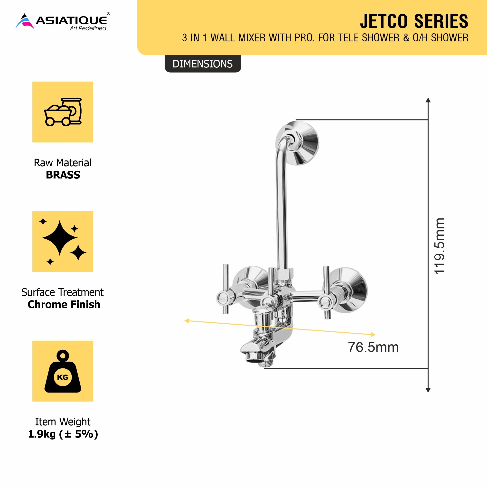 Asiatique 3 in 1 Wall Mixer With Pro. For Tele. Shower & O/H Shower (J-018), Jetco Series Bathroom & Kitchen Faucets | Premium Modern Tap Collection