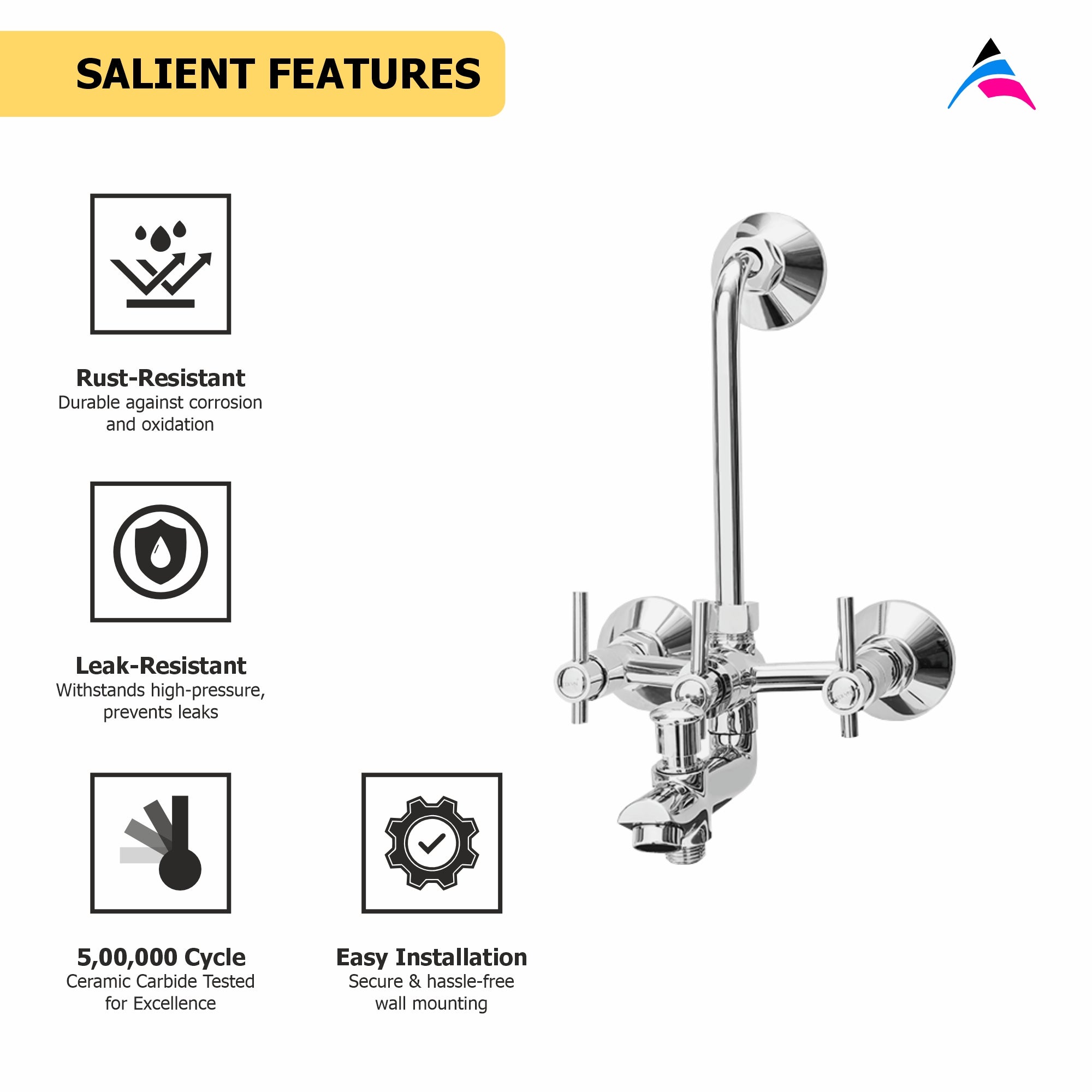 Asiatique 3 in 1 Wall Mixer With Pro. For Tele. Shower & O/H Shower (J-018), Jetco Series Bathroom & Kitchen Faucets | Premium Modern Tap Collection