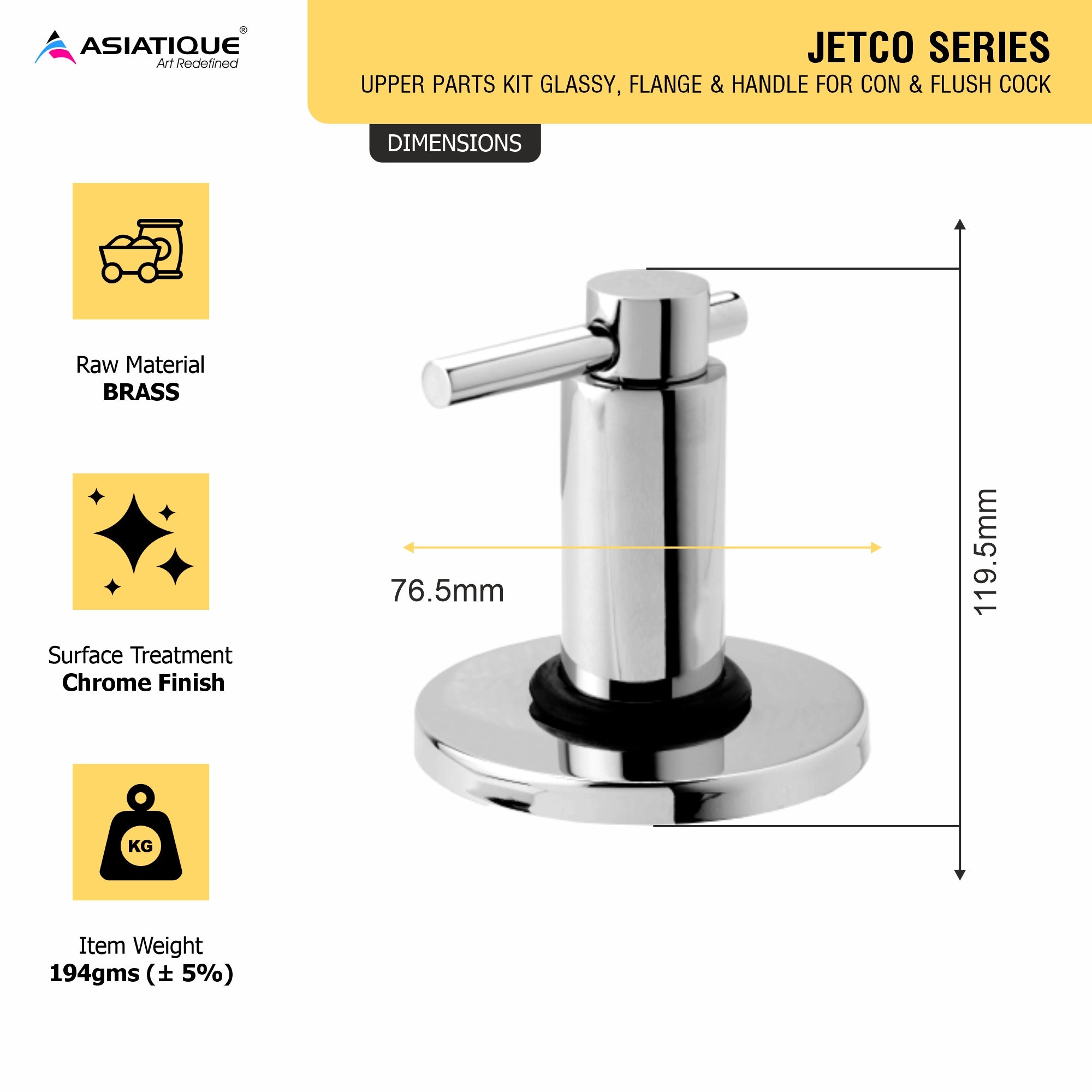 Asiatique Upper parts Kit Glassy, Flange & Handle for Con. & Flush Cock (J-021U), Jetco Series Bathroom & Kitchen Faucets | Premium Modern Tap Collection